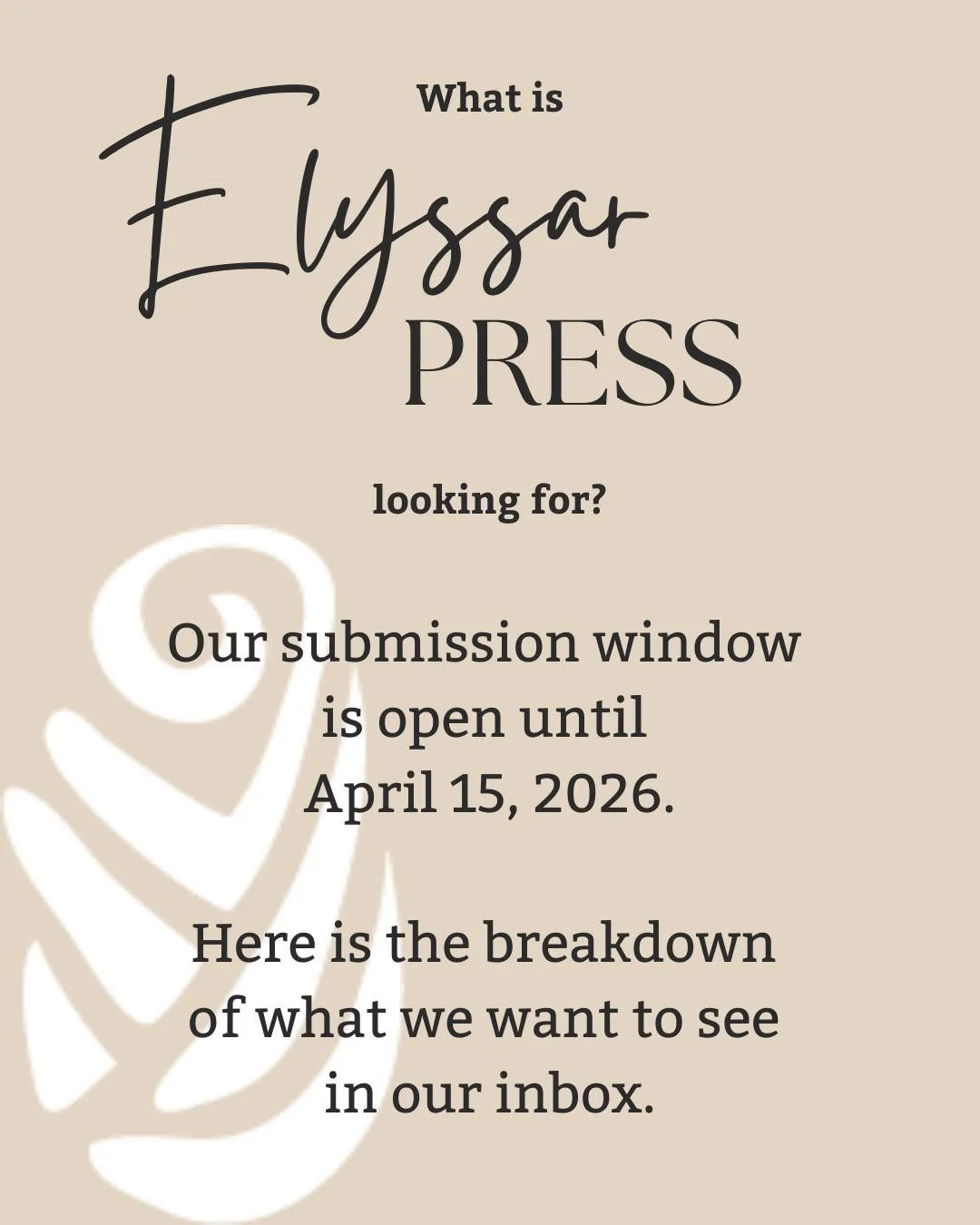 "Does my work 'fit'?" 🧐

It&rsquo;s the question every writer asks before hitting send.

At Elyssar Press, we are looking for authenticity, courage, and craft. We believe that stories are most powerful when they reflect the true, multiling