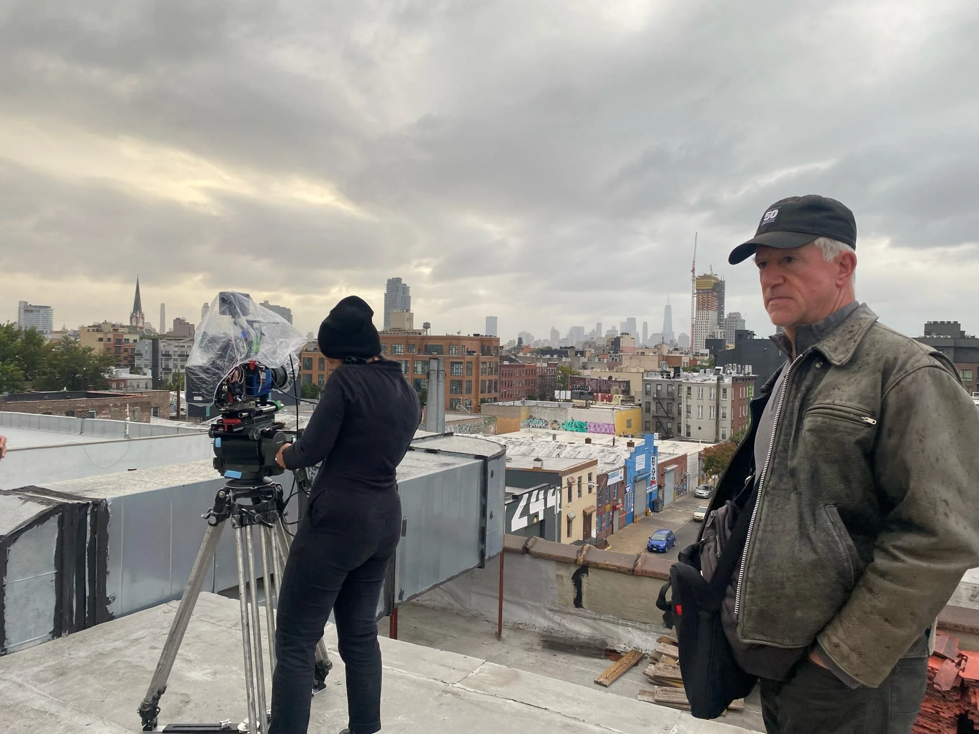 Director of Photography Sarah Brandes and Director Gregory Jbara waiting on sunset for opening shot.