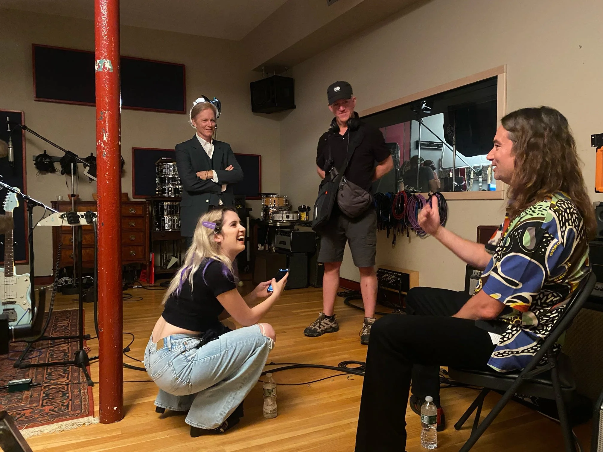 Laura Marano as Ryan Reed, Eric Stoltz as Jake Colburn, director Gregory Jbara and Constantine Maroulis as Bob in recording studio