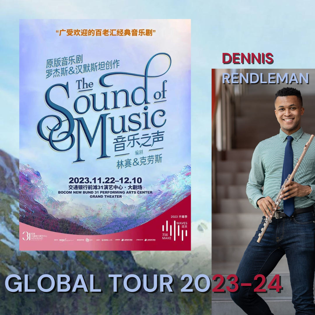 Concert poster for 'The Sound of Music' musical, with event dates 2023.11.22-12.10 at BOCOOM NEW BUND 31 Performing Arts Center, featuring musical director Dennis Rendleman, and an image of a smiling man holding a flute.