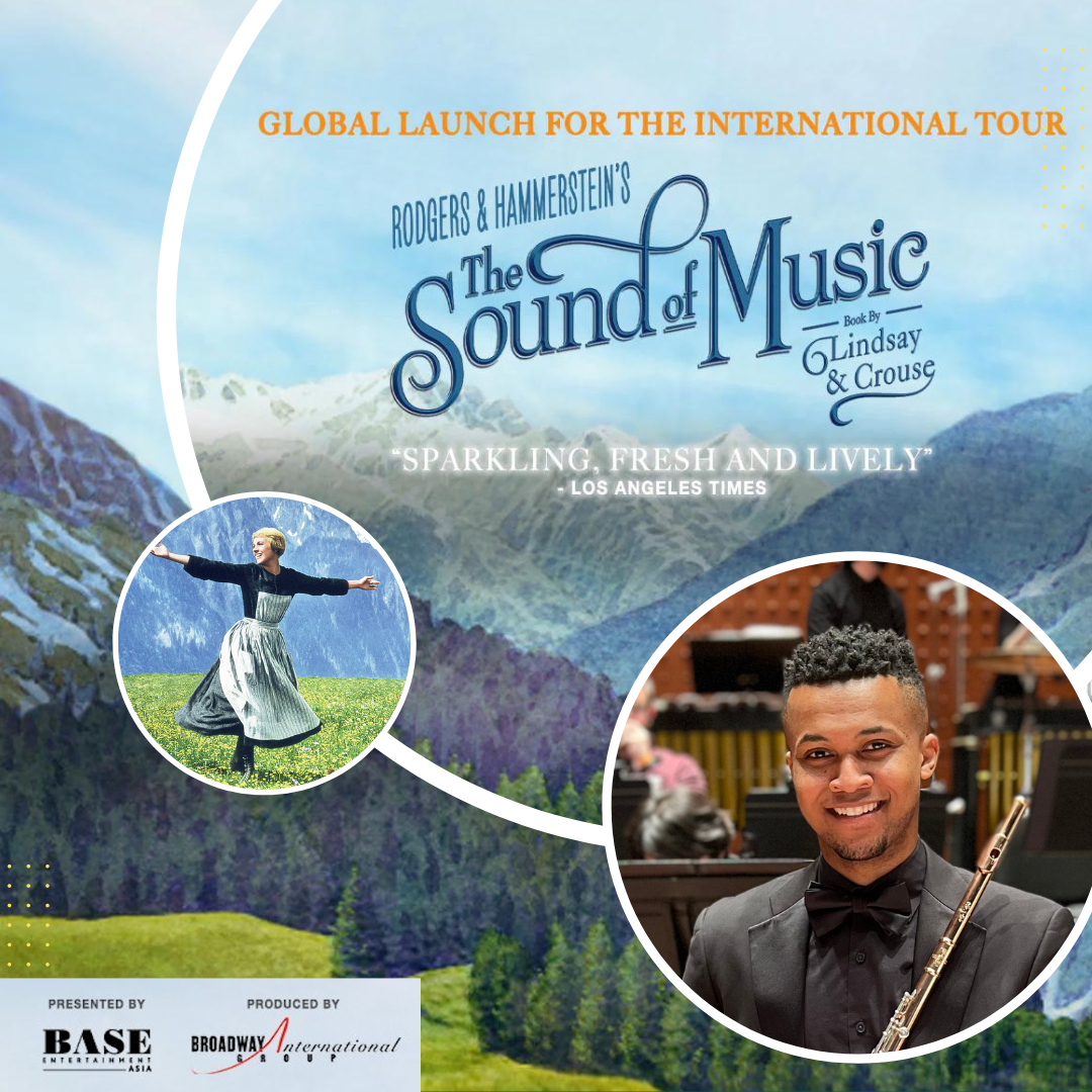 Promotional poster for 'The Sound of Music' international tour launch featuring a mountain landscape background, Maria von Trapp, and Dennis Rendleman holding a flute in a concert hall.