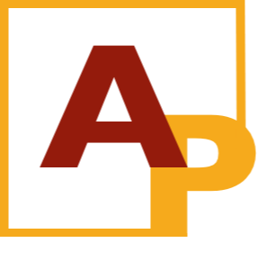 Logo with large red letter 'A', black letter 'P' overlaying a yellow block, and black border.