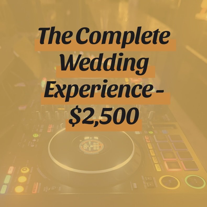 Promotion for a wedding experience service priced at $2,500, shown over a DJ mixing console background.