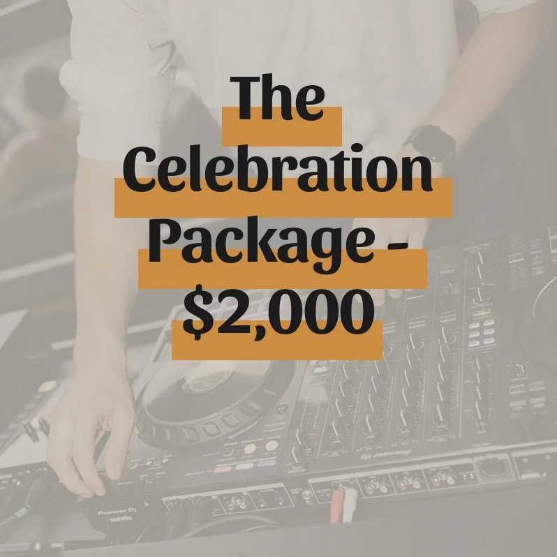 Text overlay advertising a celebration package priced at $2,000, with a blurred background of a person DJing on a mixer.