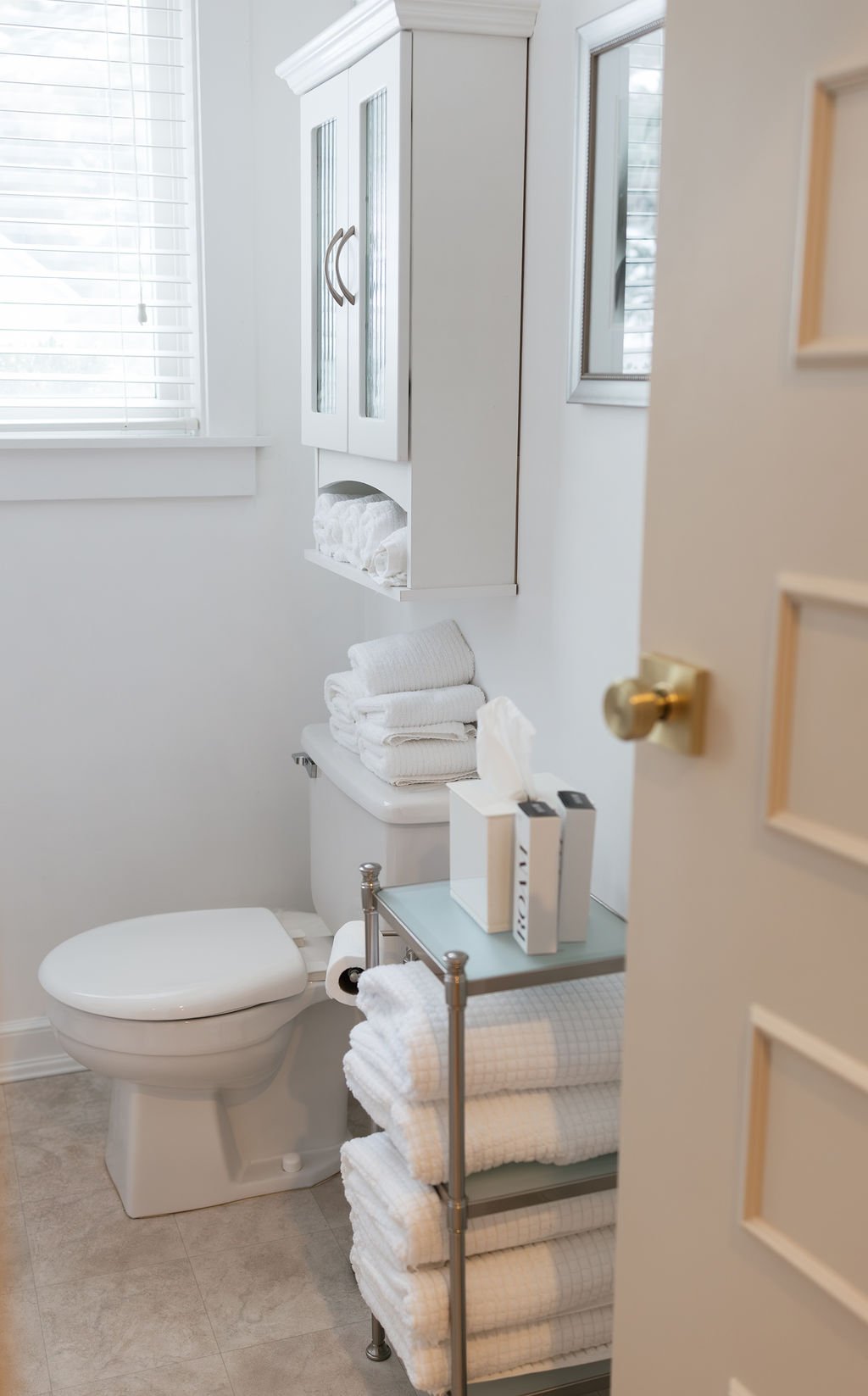 A white bathroom with a toilet, a cabinet above, and a rolling cart with towels and tissue boxes.