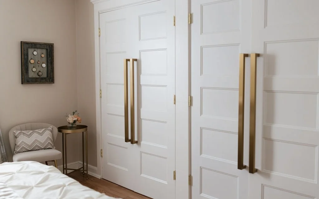 Bedroom corner with a white wall, white closet doors with gold handles, a small beige chair with a patterned pillow, a gold side table with a flower arrangement, and a wall hanging art piece.