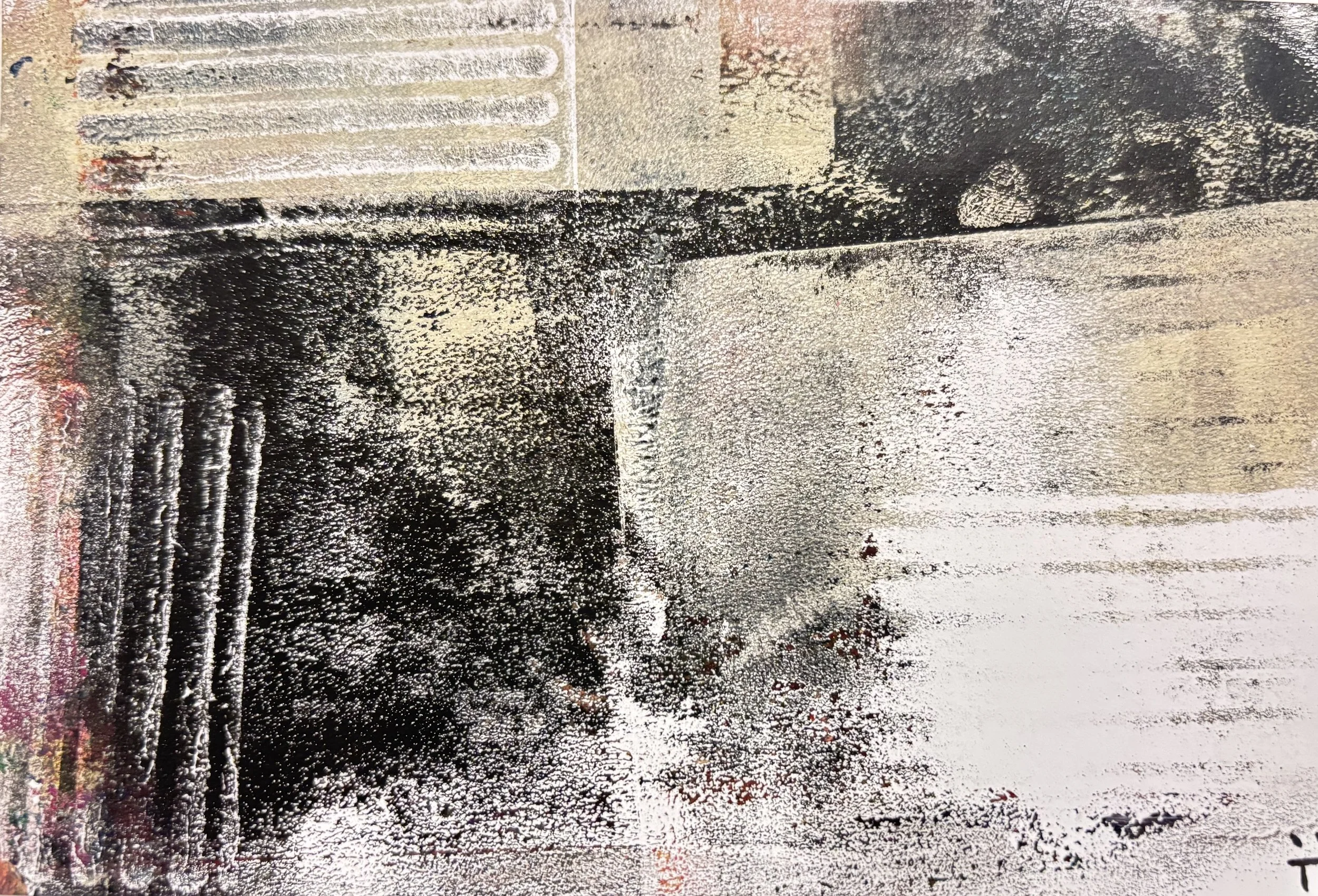 Close-up of a textured surface with shades of black, white, and tan, showing layered paint strokes and a rough, uneven appearance.