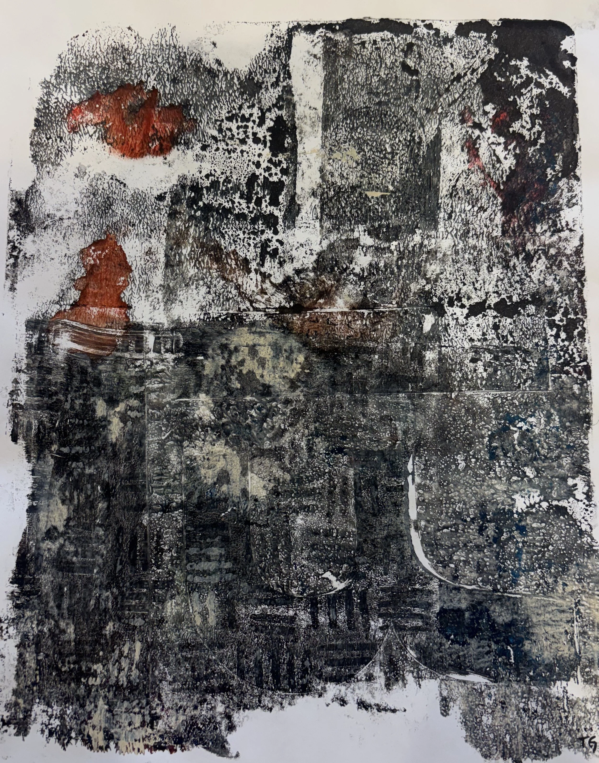 Abstract black and white artwork with textured patterns and red accents.