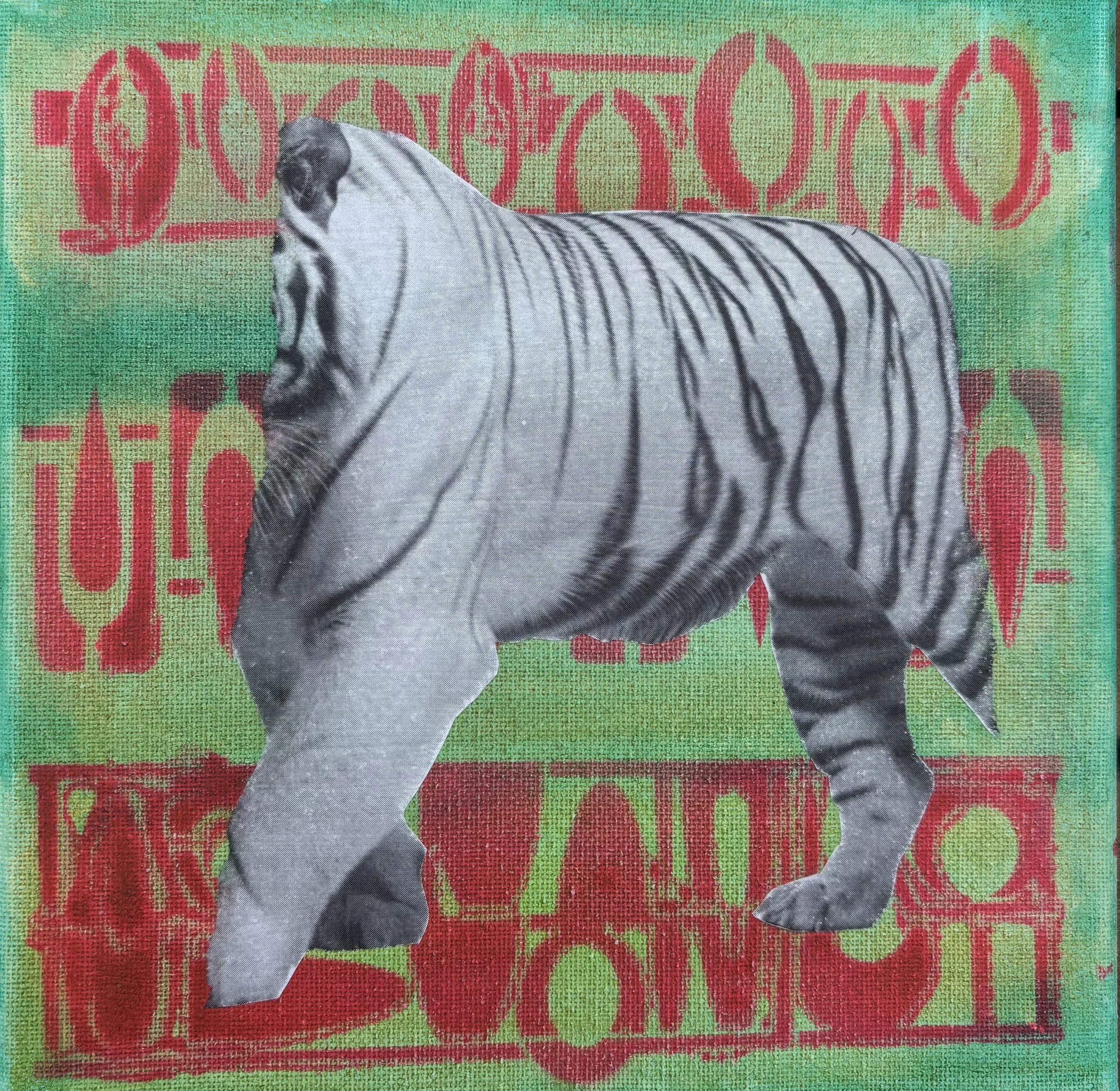 A fabric with a graphic of a dog wearing a striped shirt, placed over a vibrant green and red woven background with the word 'LOVE' repeated.