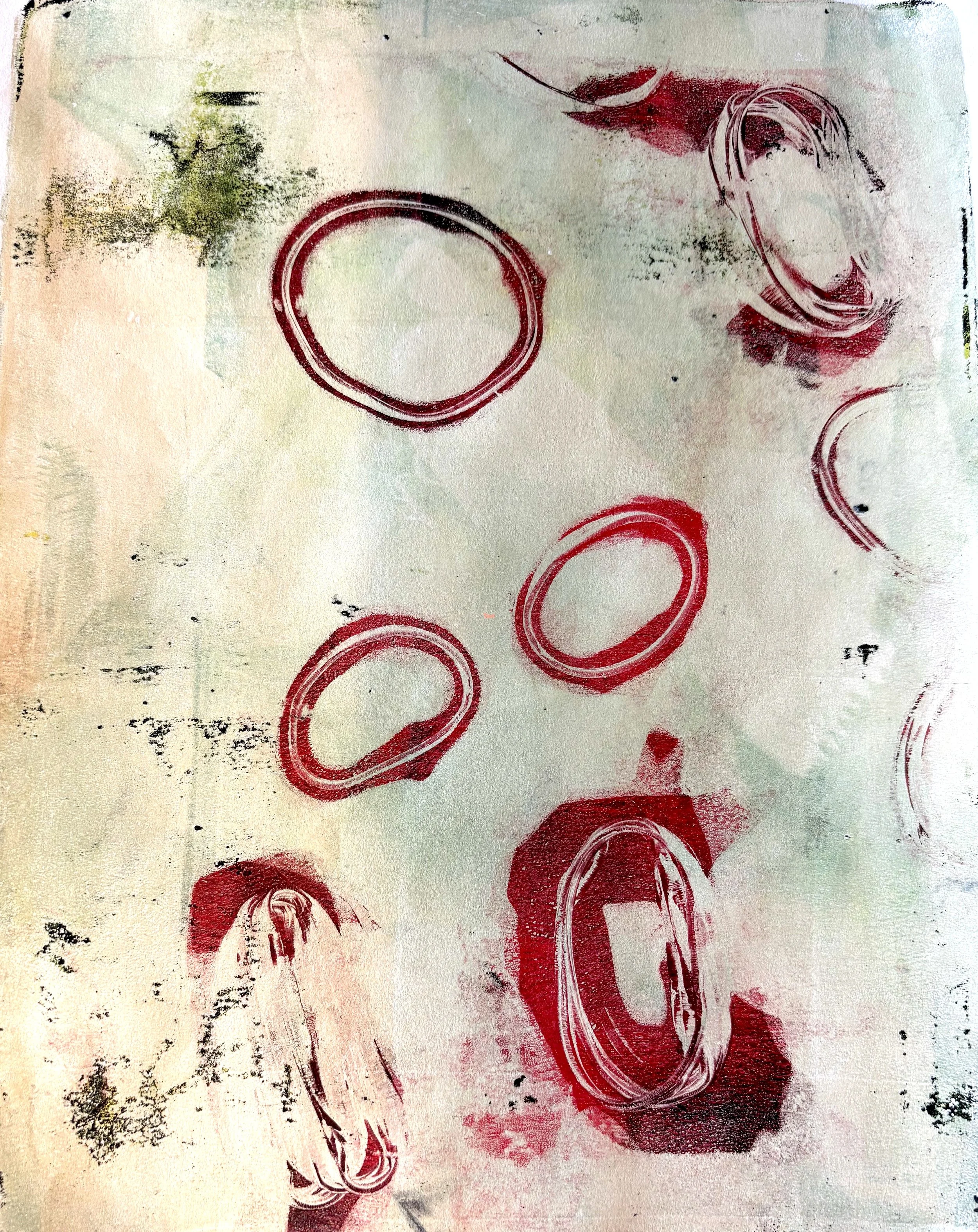 Abstract artwork with red, black, yellow, and green circular and curved shapes on a textured background.