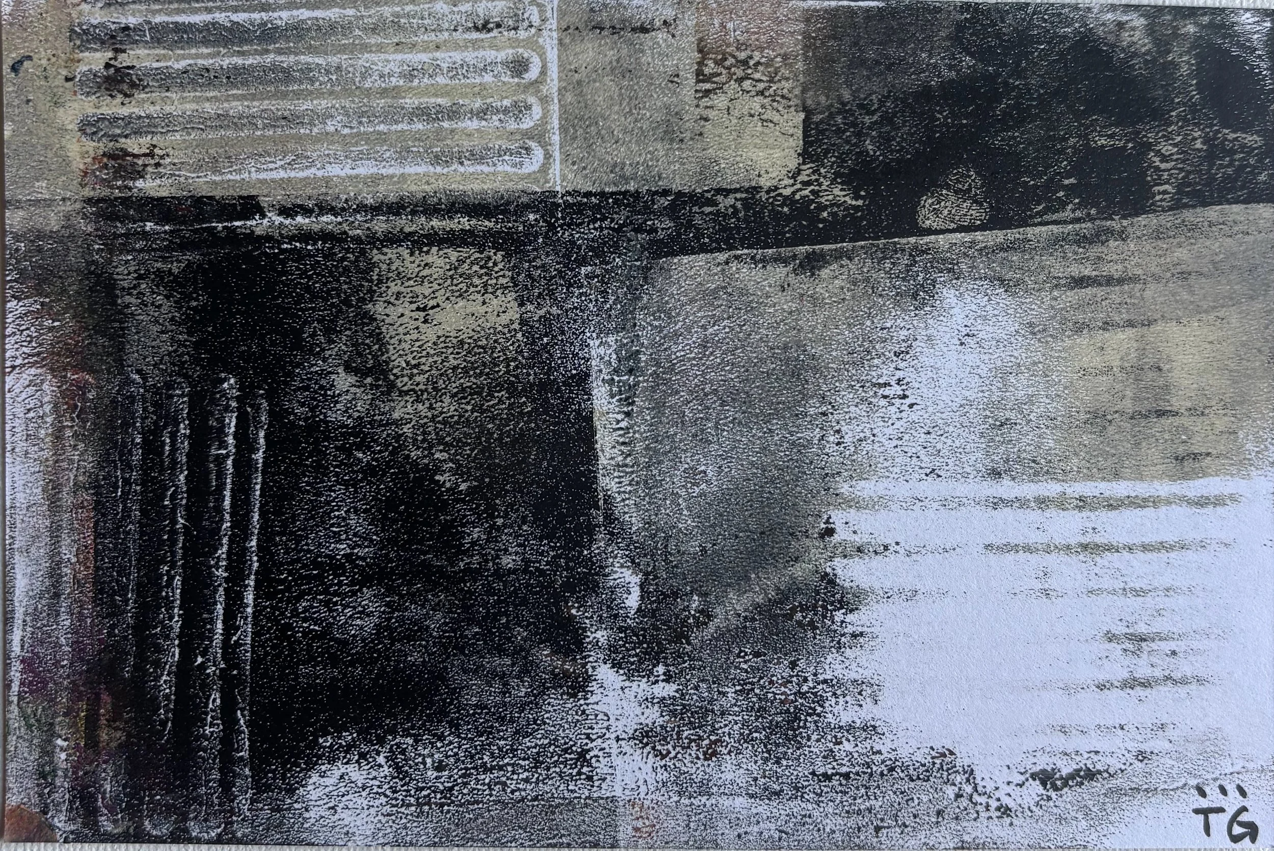 Close-up of a textured surface showing black, gray, and white paint with visible brush strokes and paint drips.