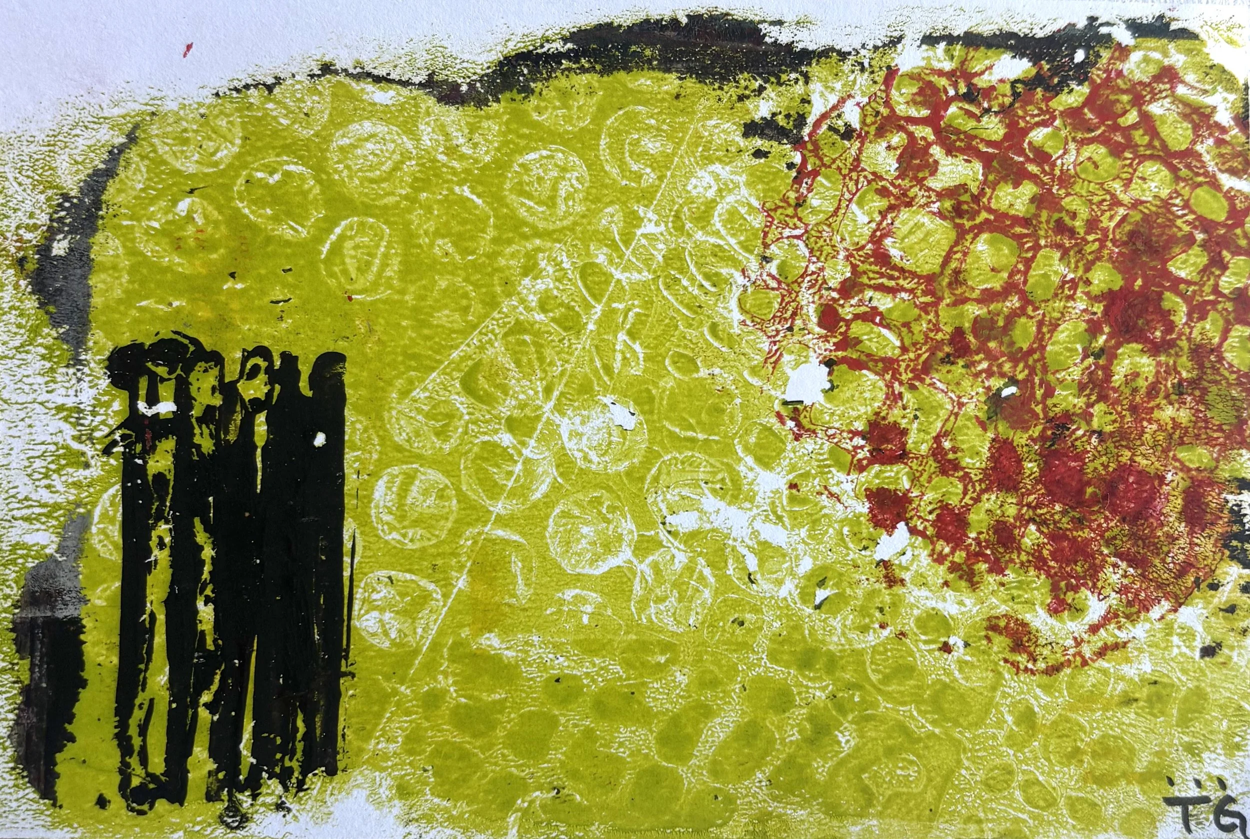 Abstract colorful textured painting with yellow, black, red, and white patterns.