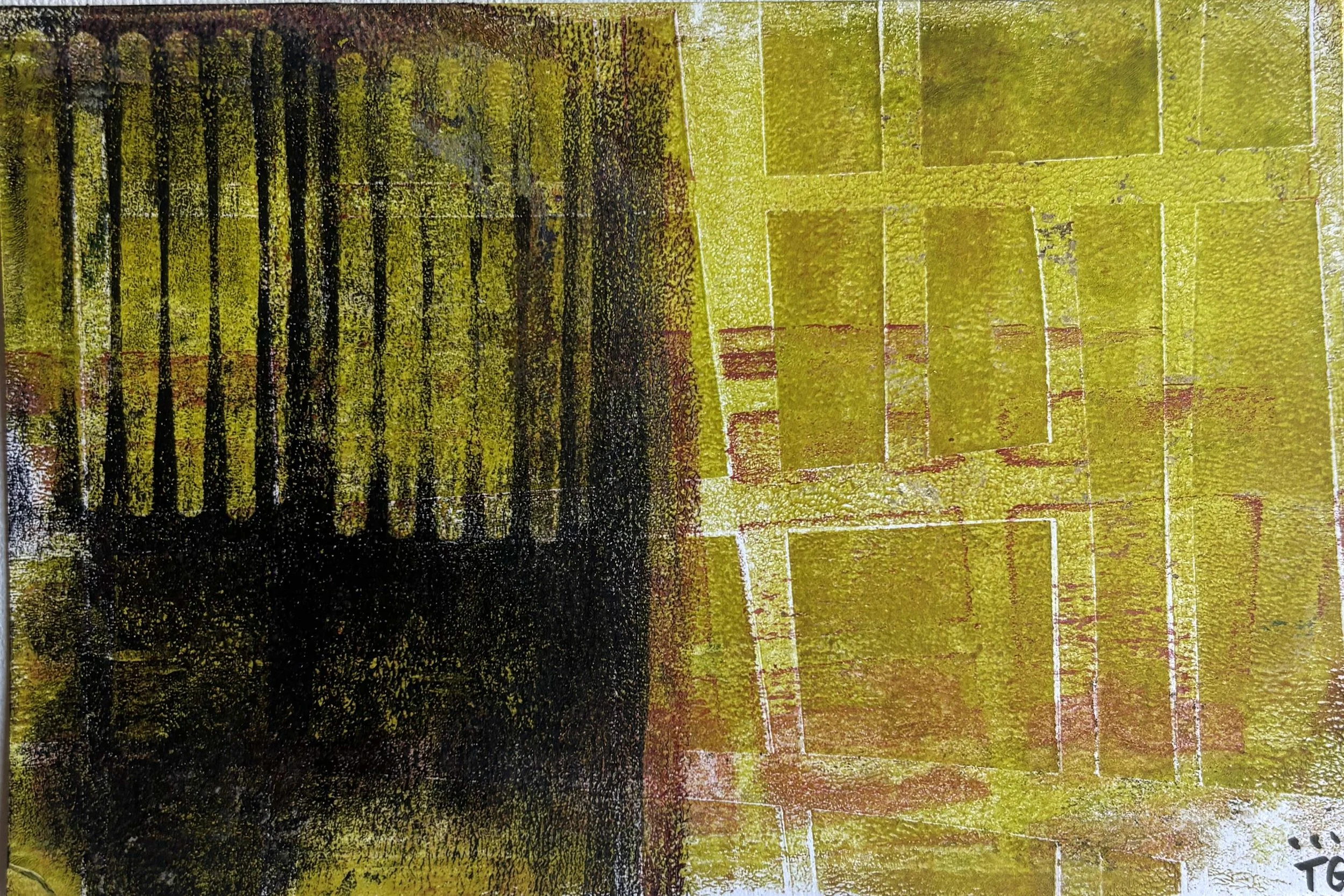 A colorful abstract artwork with a combination of yellow, green, black, and some hints of red, featuring textured geometric shapes and patterns.