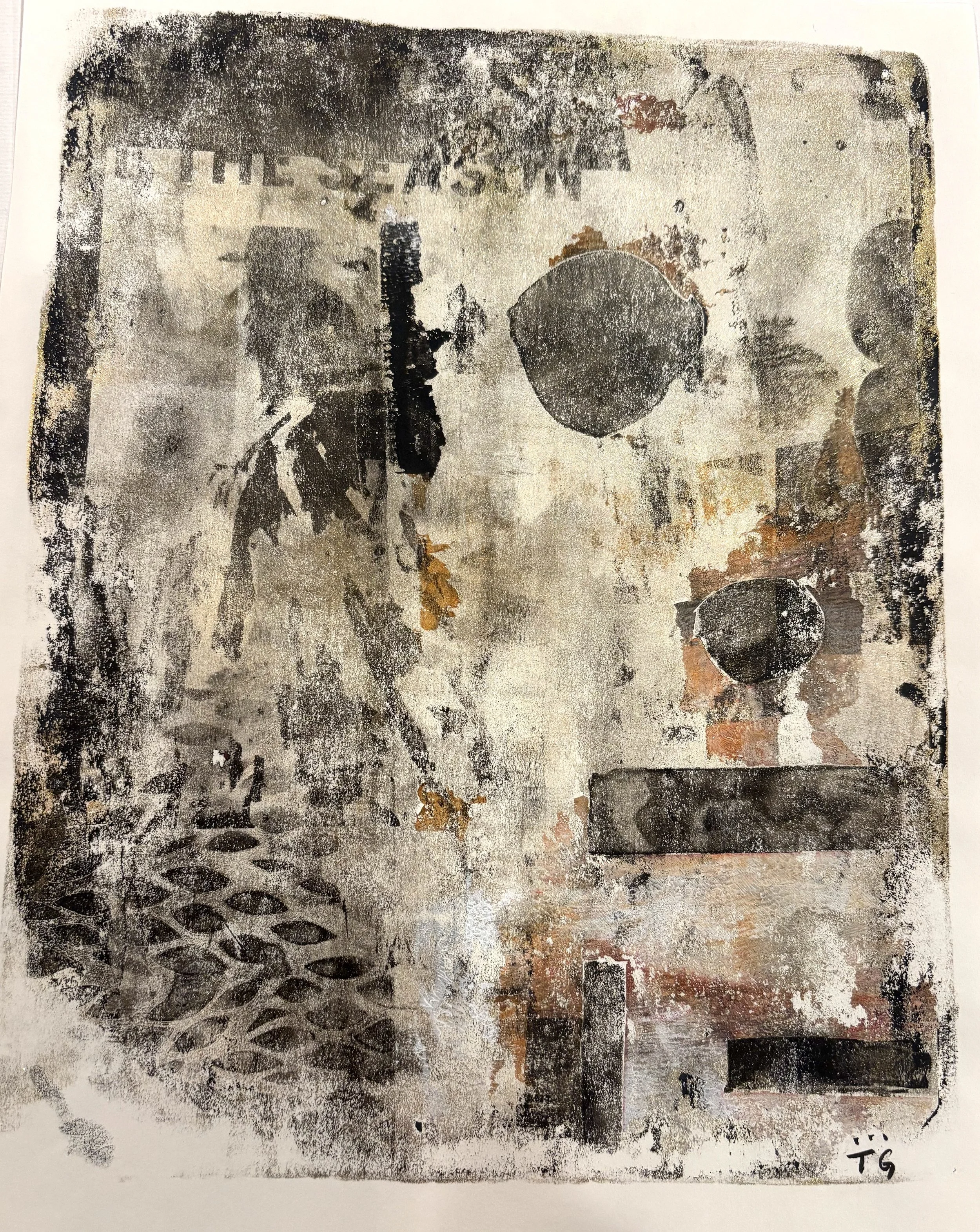 Abstract artwork with various textures, patterns, and shapes including circles, rectangles, and leaf-like forms in black, gray, and brown tones, with some artist initials 'TS' at the bottom right corner.