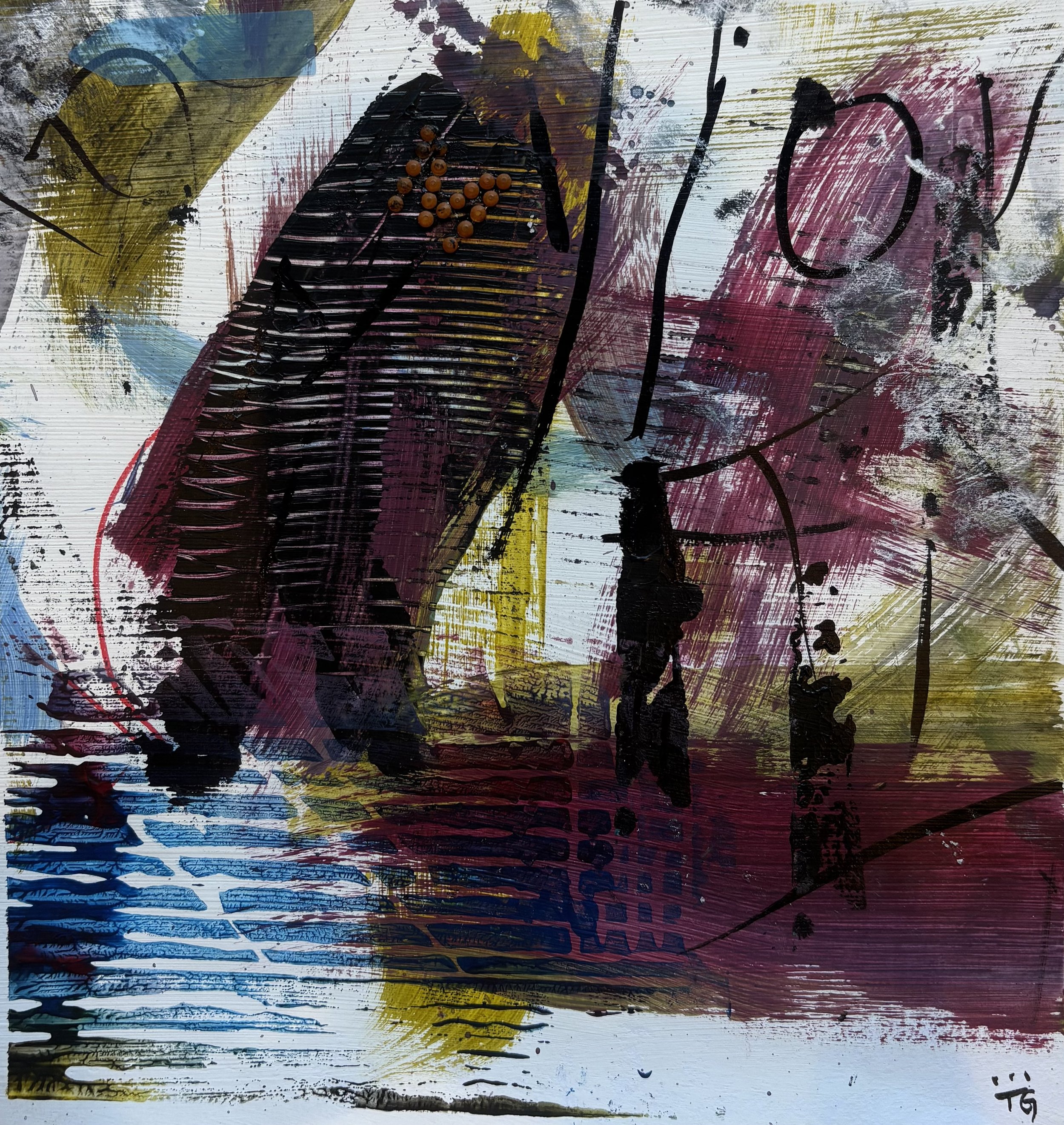 Abstract mixed media artwork with colorful brushstrokes, splatters, and black lines on a textured background.
