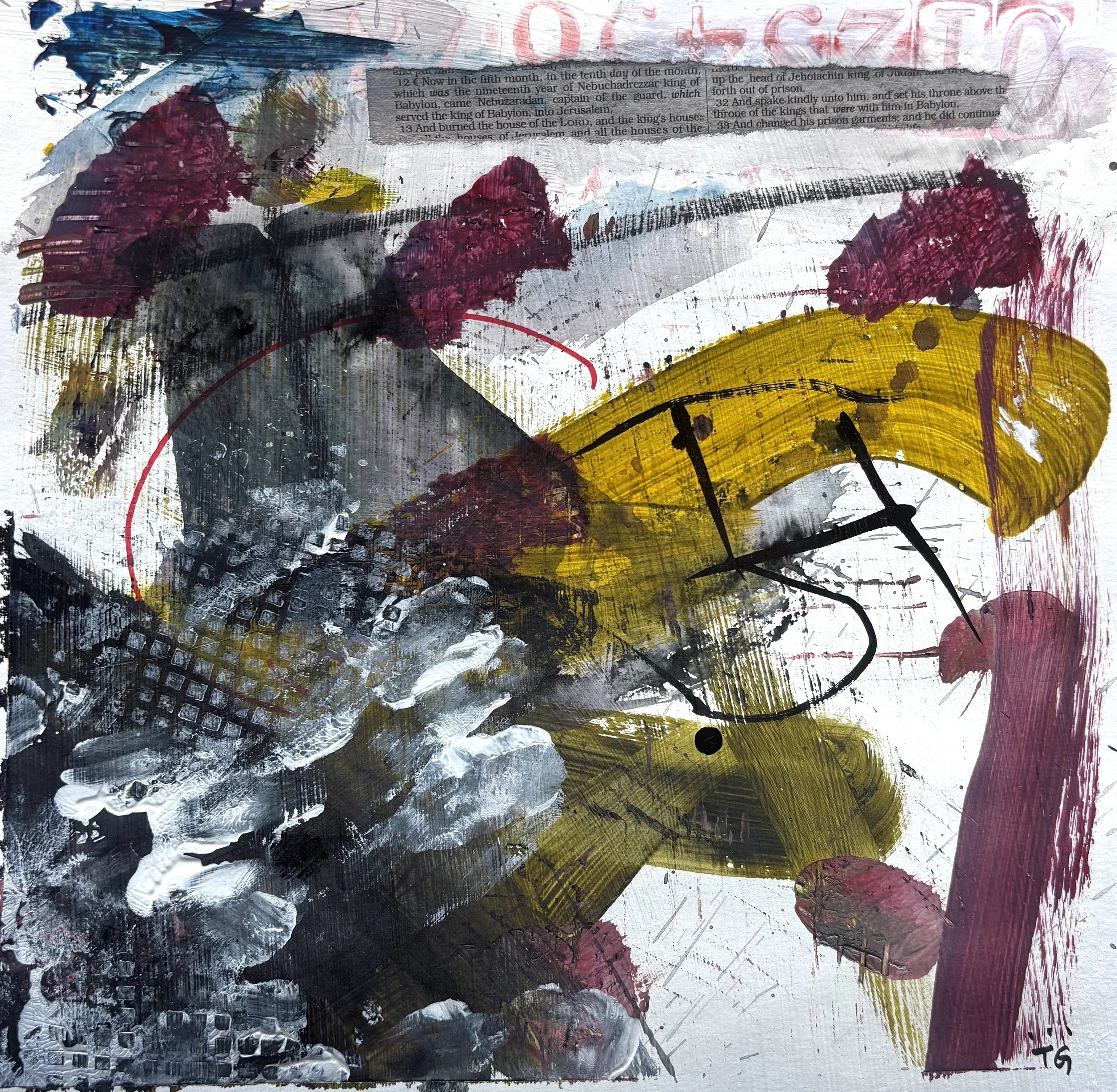 Abstract painting with bold brushstrokes in black, white, yellow, pink, and blue, featuring leaf-like shapes, splatters, and textured patterns.