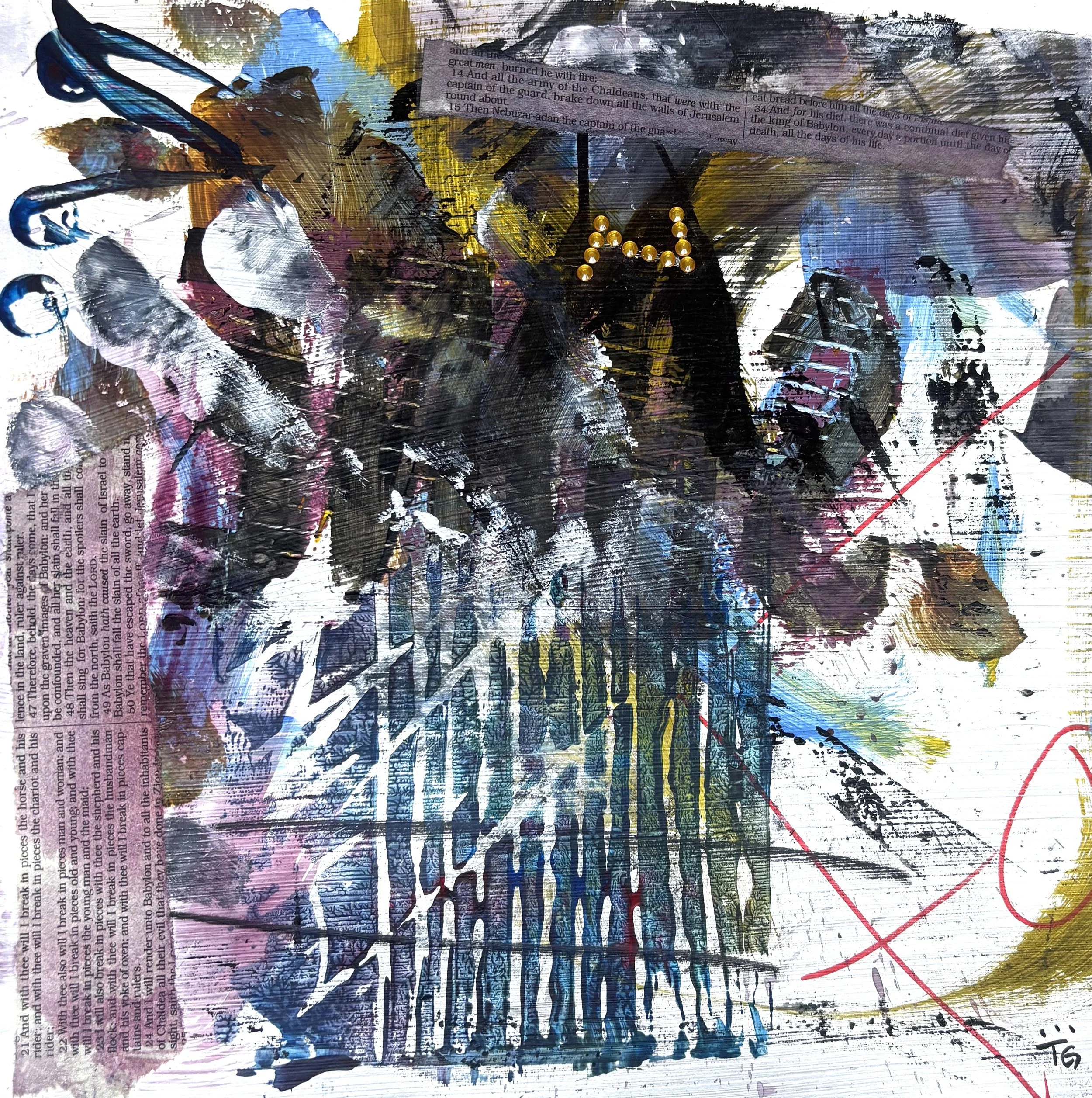 Abstract mixed media artwork featuring splashes of black, white, blue, pink, and yellow paint, with layered text snippets and red lines.
