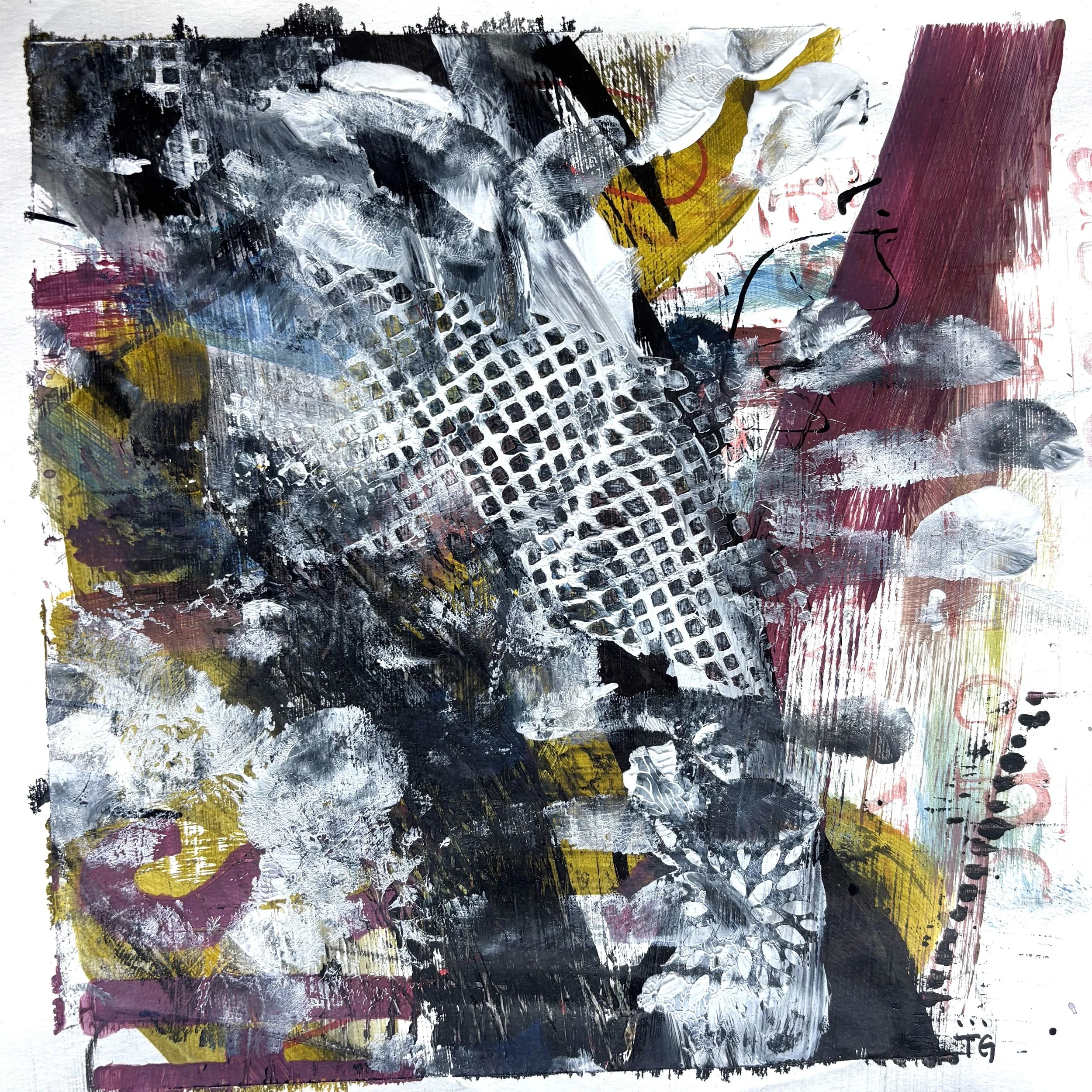 Abstract mixed media artwork featuring bold brushstrokes, textures, and patterns in black, white, yellow, pink, and blue colors.