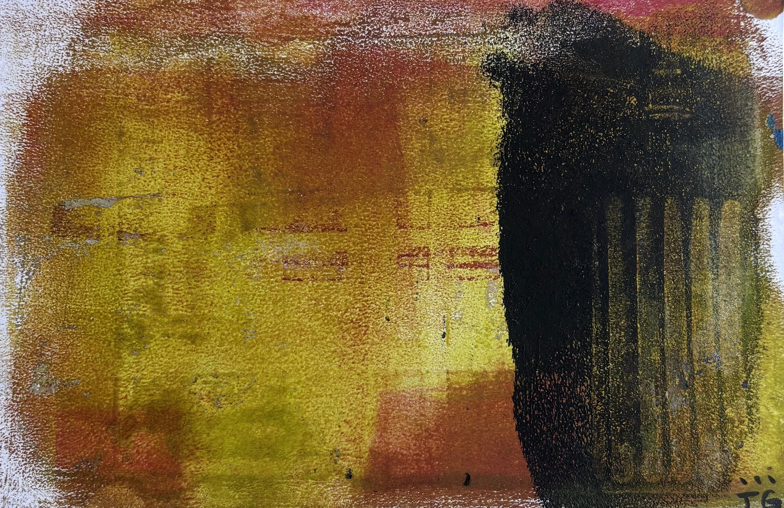 Abstract watercolor painting with shades of yellow, orange, red, and black, textured with visible brushstrokes