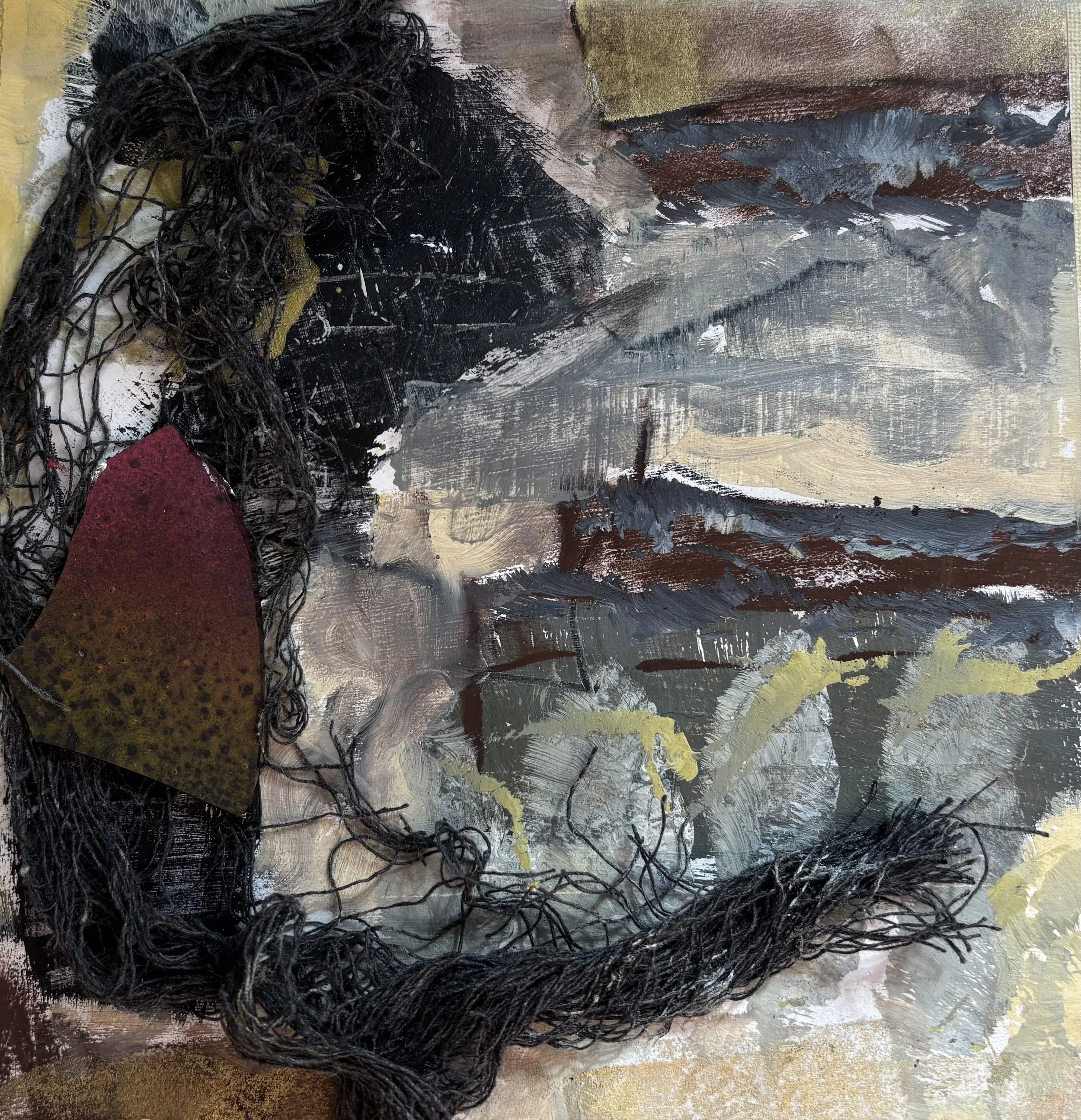 Abstract painting with dark tangled lines and textured brushstrokes in black, gray, yellow, and reddish-brown colors.