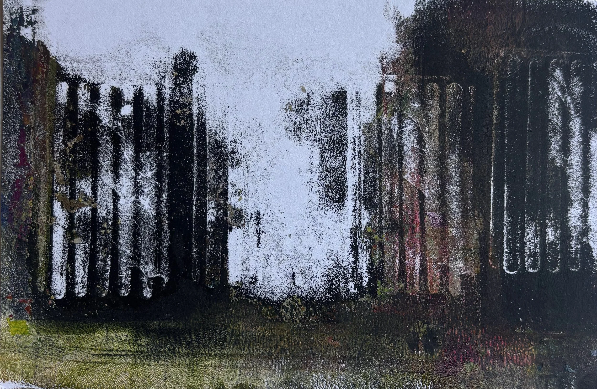 A painting of a river scene with trees, water, and a bridge, created with thick brushstrokes and textured paint.