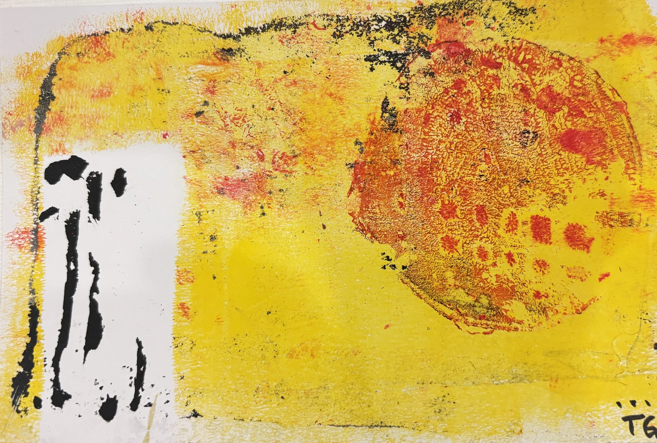 A vibrant abstract painting featuring yellow, red, and black ink or paint strokes with textured effects.