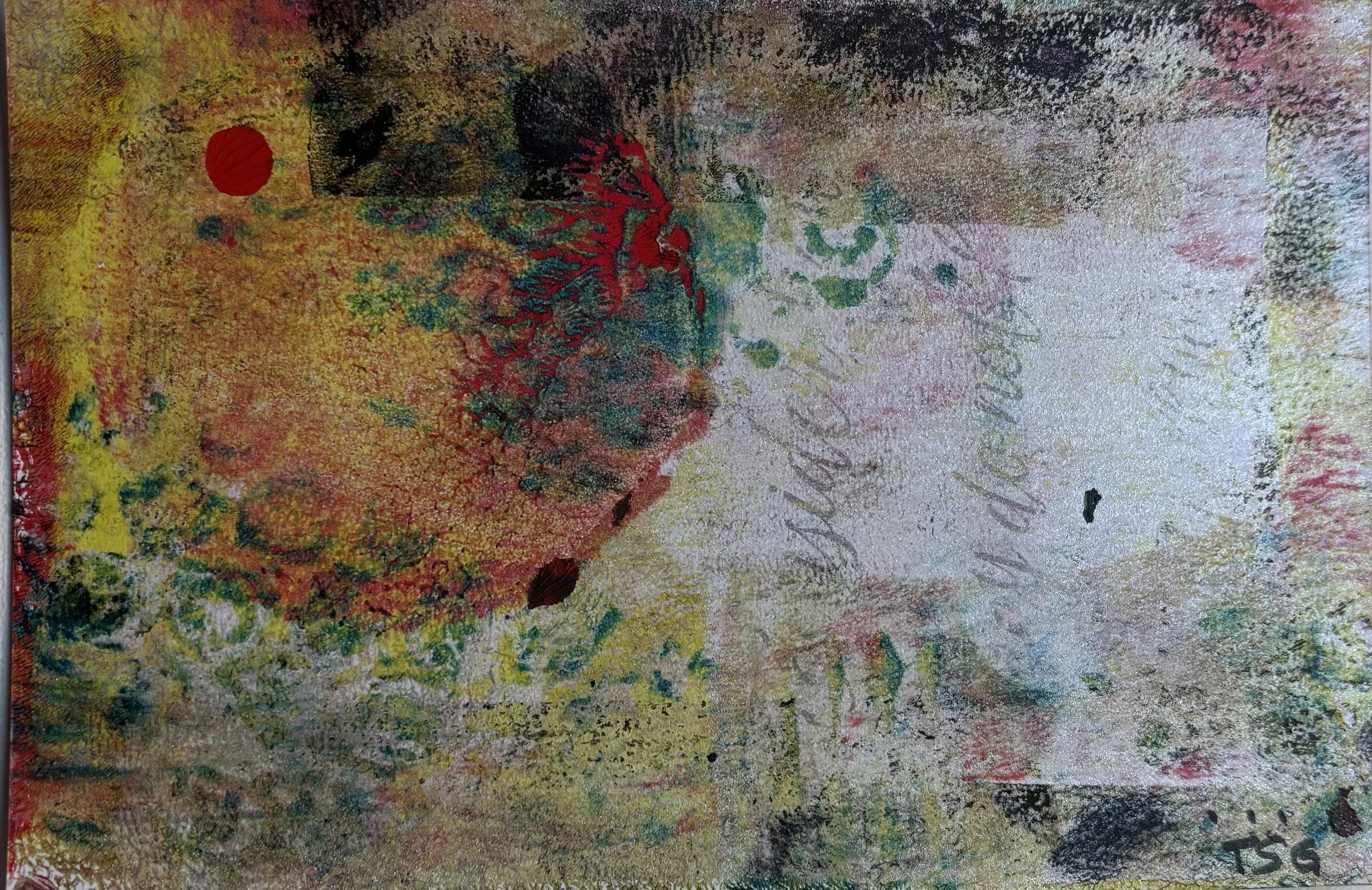 Close-up of a postal note or currency note with a colorful abstract overlapped with red, black, and yellow ink, and some handwritten text.