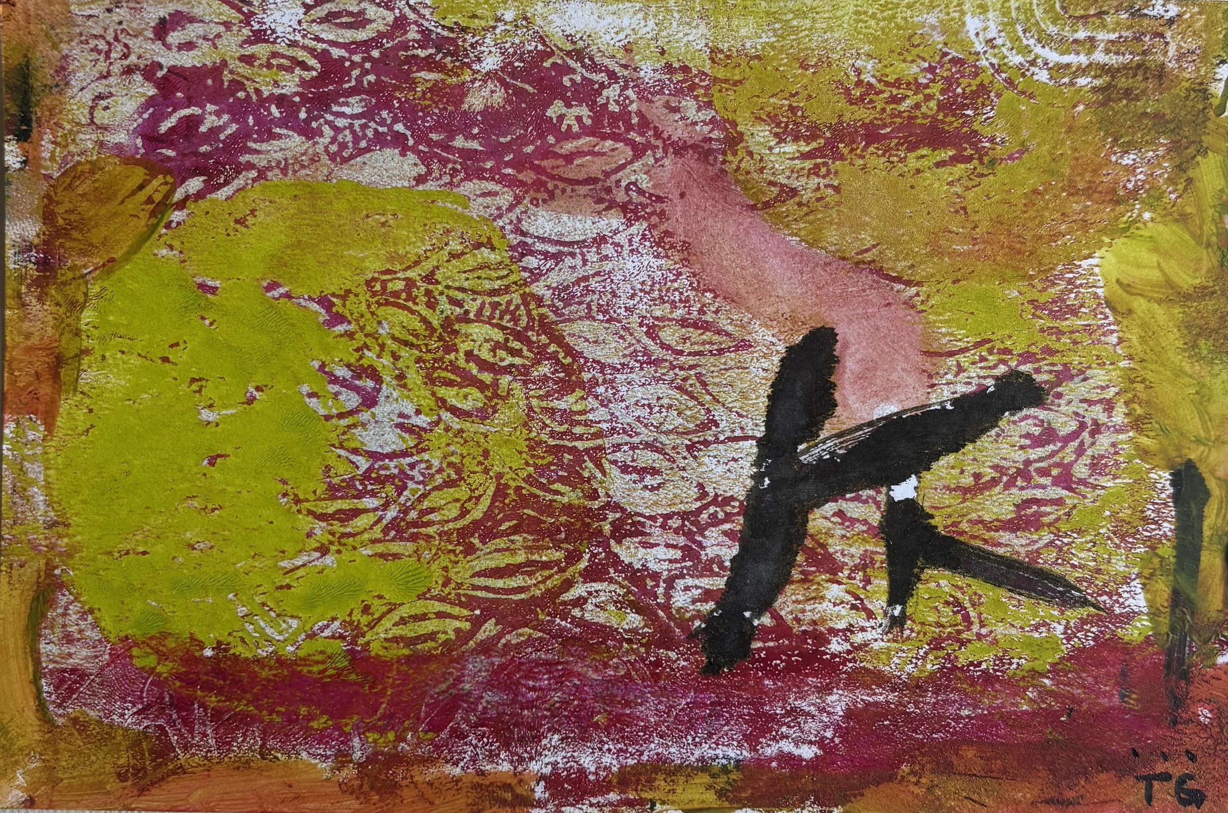 An abstract painting with vibrant yellow, red, pink, white, and black streaks and patterns in a textured style.