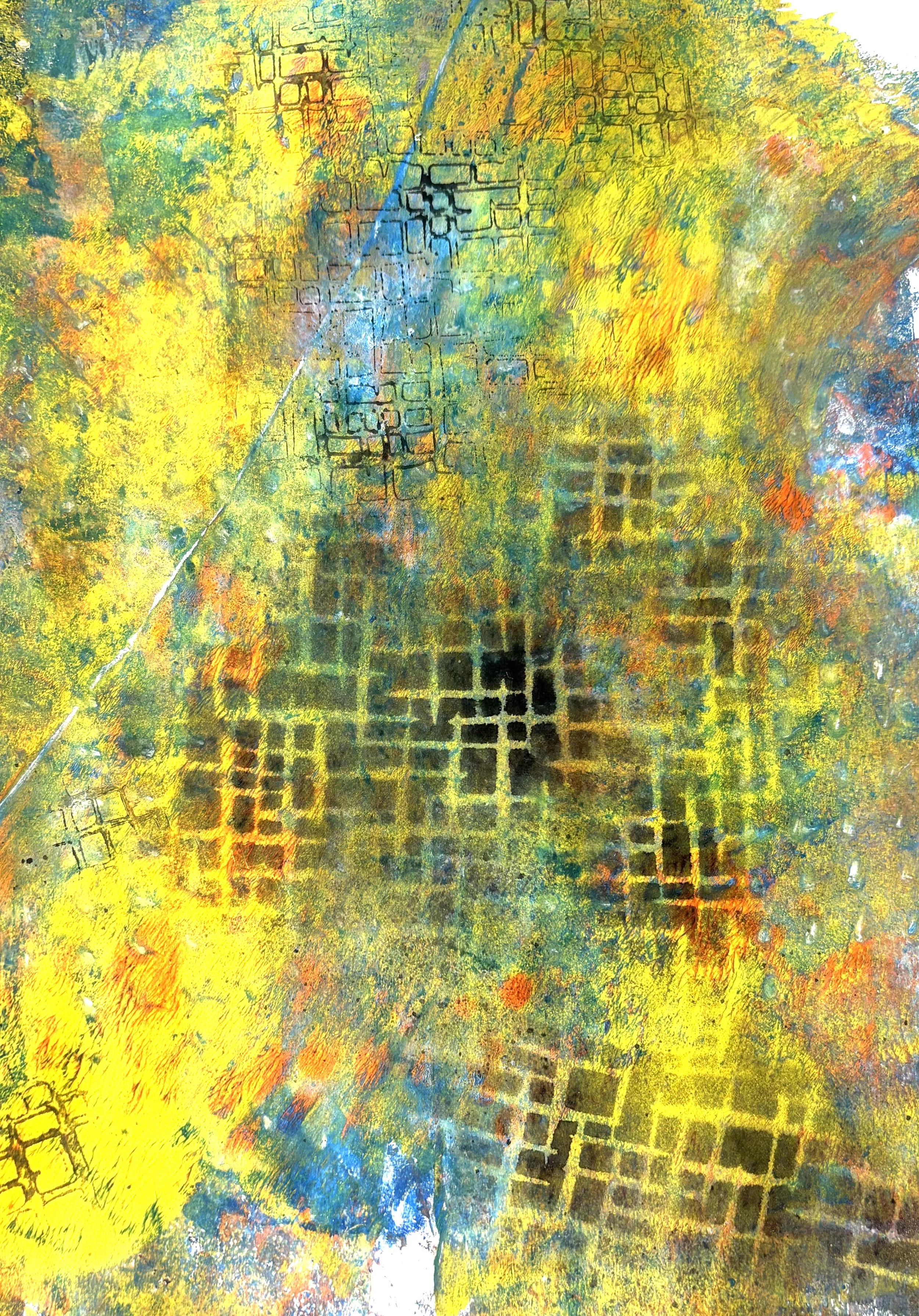 Abstract colorful painting with yellow, blue, green, and orange hues, featuring grid-like patterns and textured brushstrokes.
