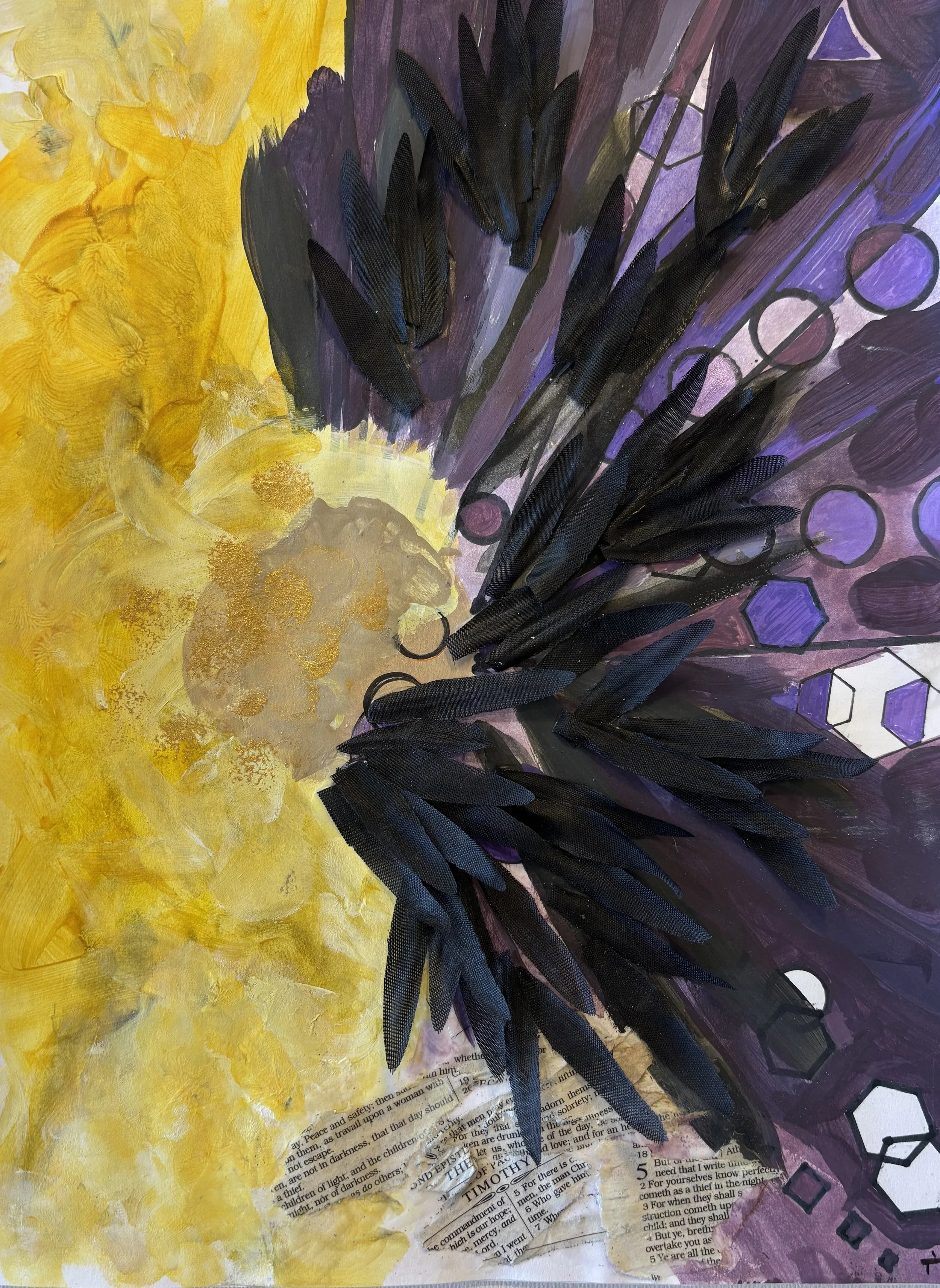 Mixed media artwork with abstract shapes and colors. A large area of yellow paint on the left, dark purple and black elements on the right, layered over printed text and geometric patterns.