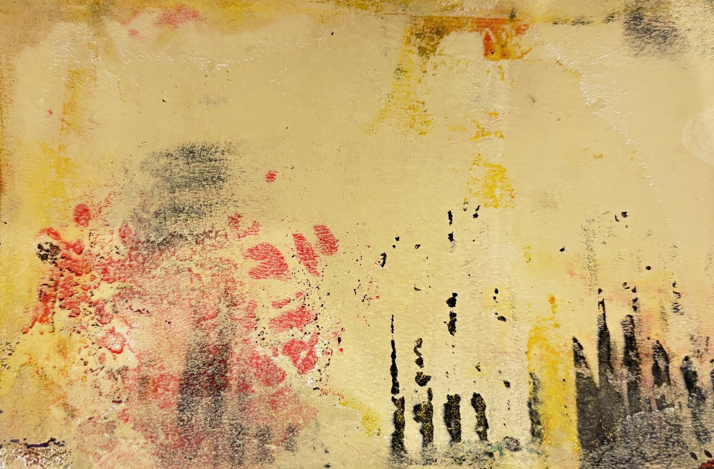 Abstract art with yellow, red, black, and orange splashes and textured brushstrokes on a light background.