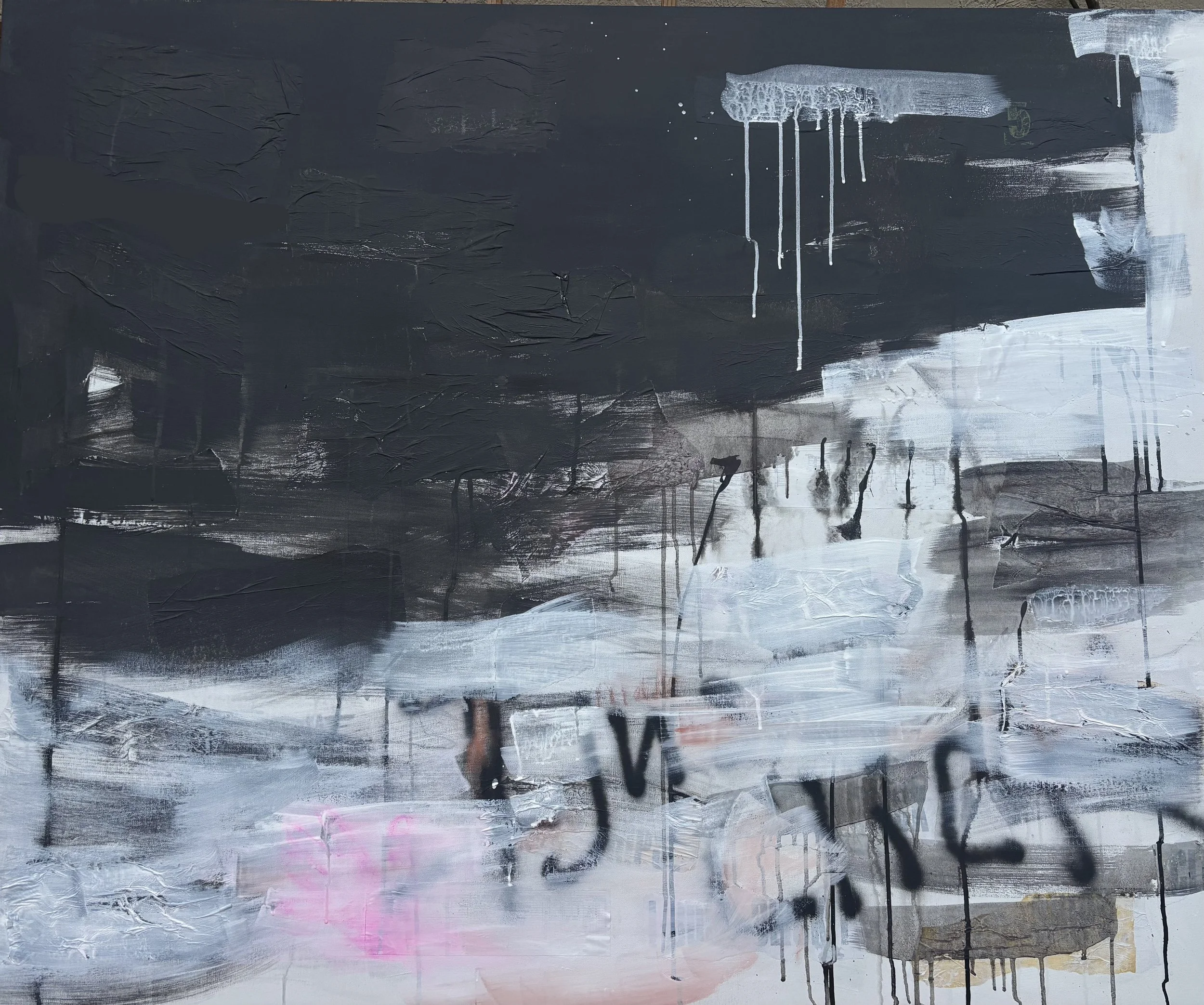 Abstract painting with a dark background, featuring white and light gray streaks, splatters, and drips.