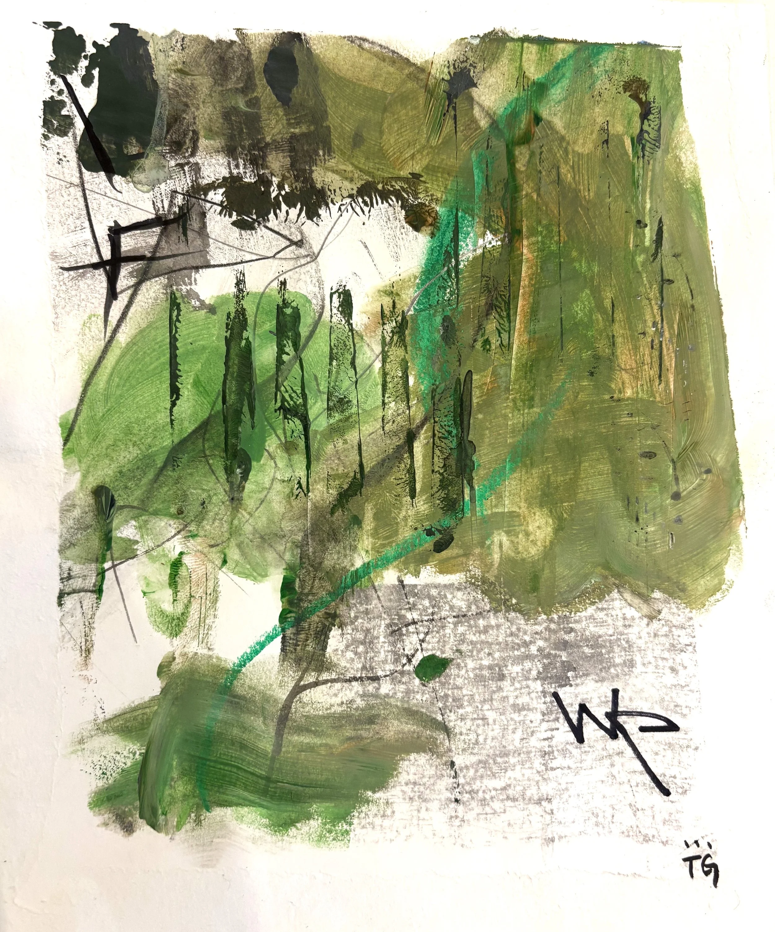 Abstract artwork with green, black, and brown paint strokes and scribbles on white paper, with some handwritten text in black ink at the bottom right.