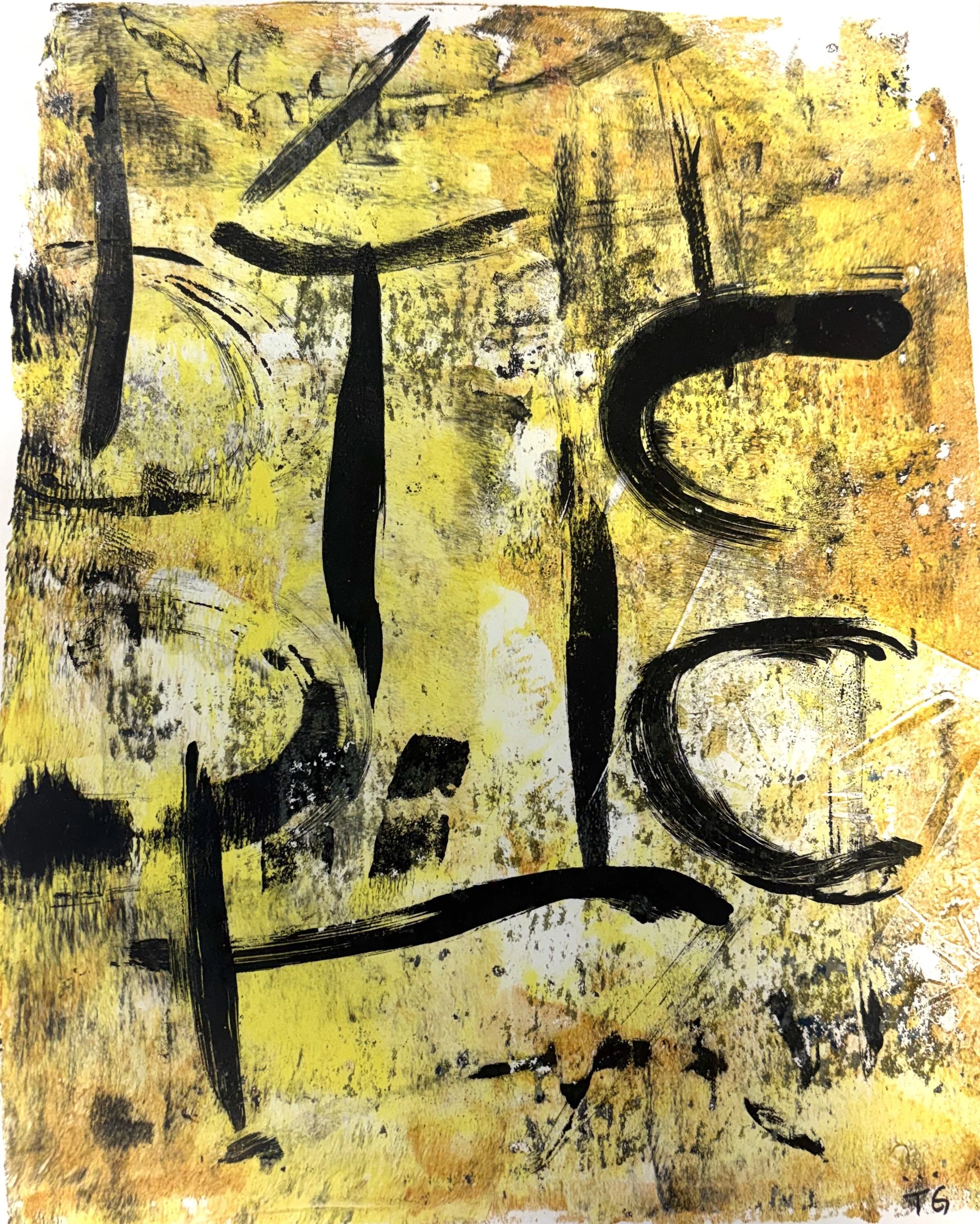 Abstract painting with yellow, orange, and black ink strokes and smudges, signature 'TG' in the bottom right corner.