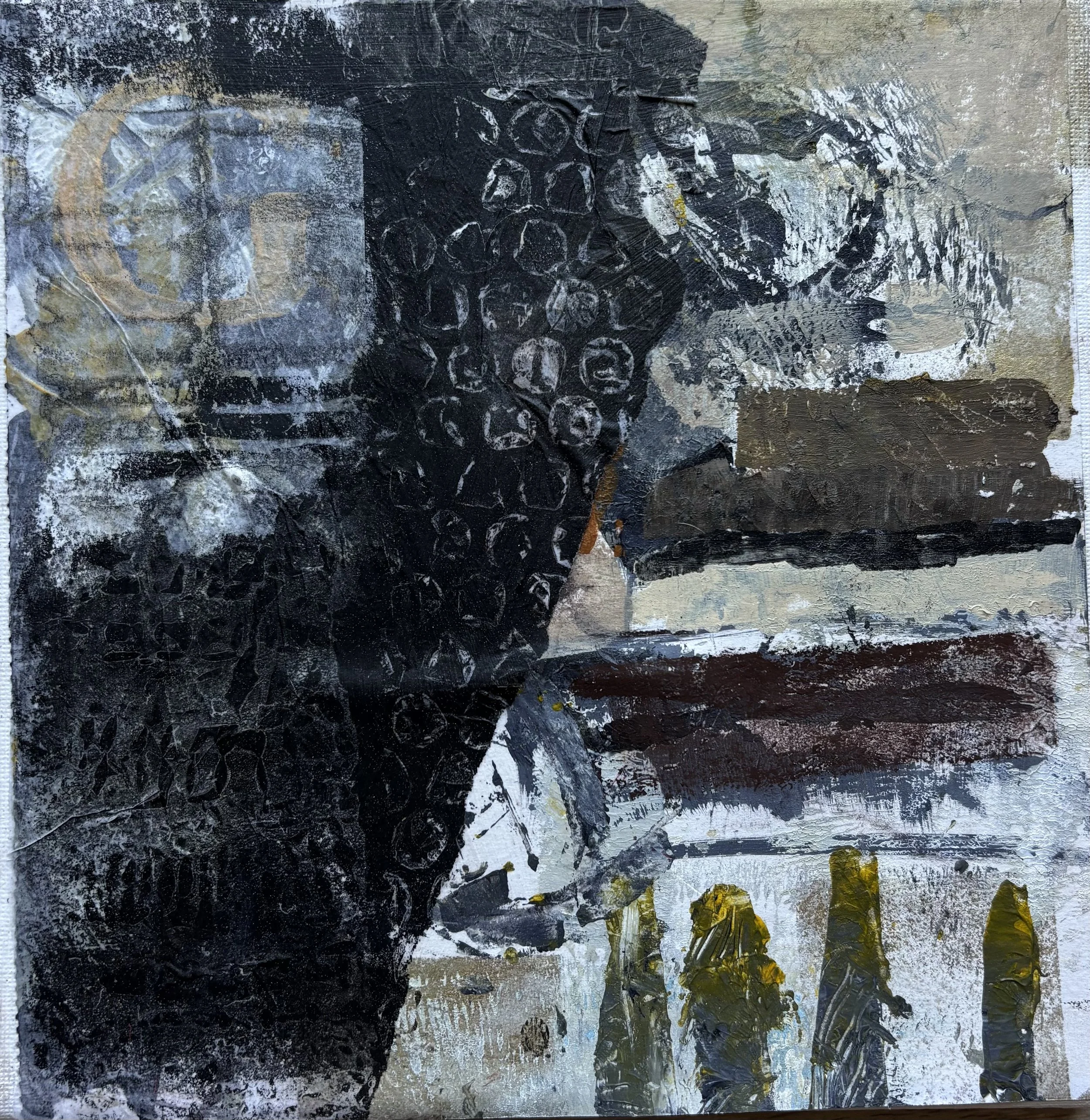 Abstract textured painting with black, white, gray, yellow, and green brushstrokes, including circular patterns and layered colors.