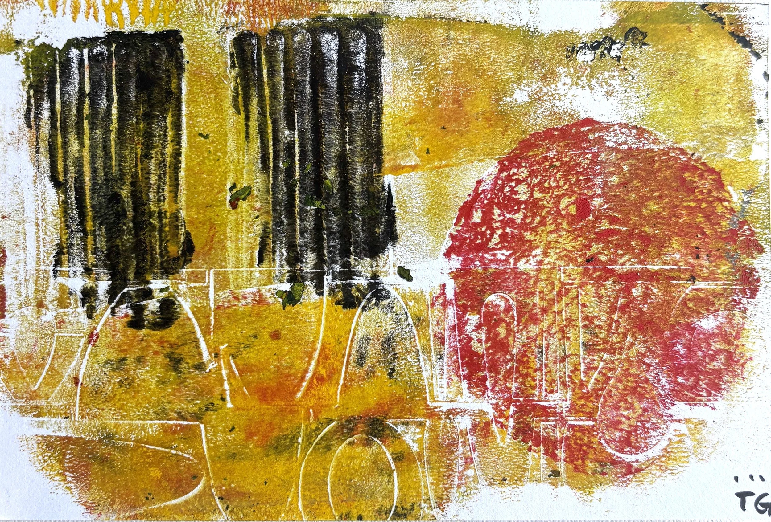 Abstract painting featuring black, yellow, and red textured strokes with white outlines.