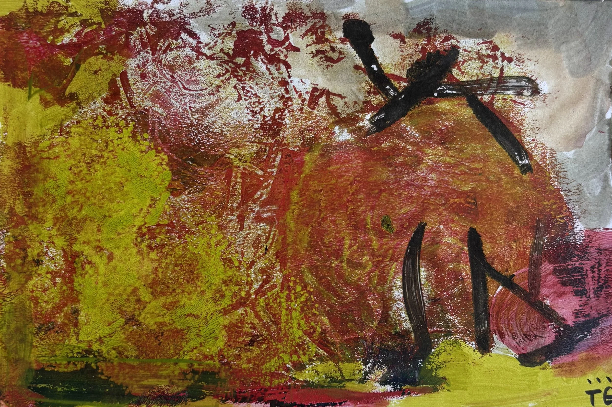 Abstract painting with vibrant splashes of yellow, red, and black colors on textured paper.