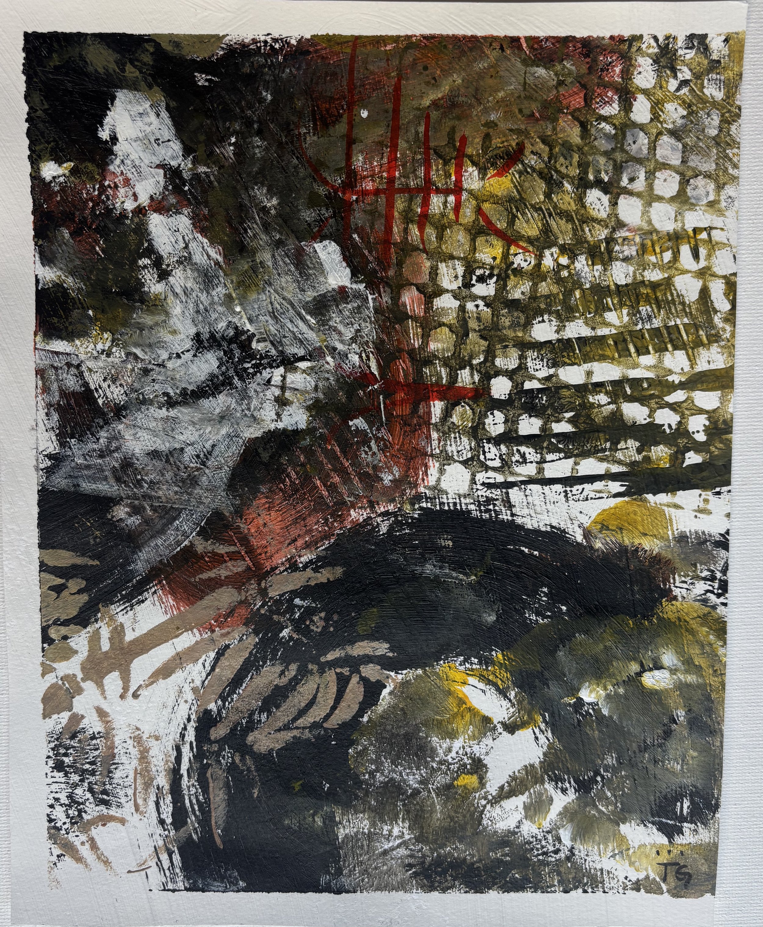 Abstract painting with black, white, gold, red, and yellow brushstrokes and textures.