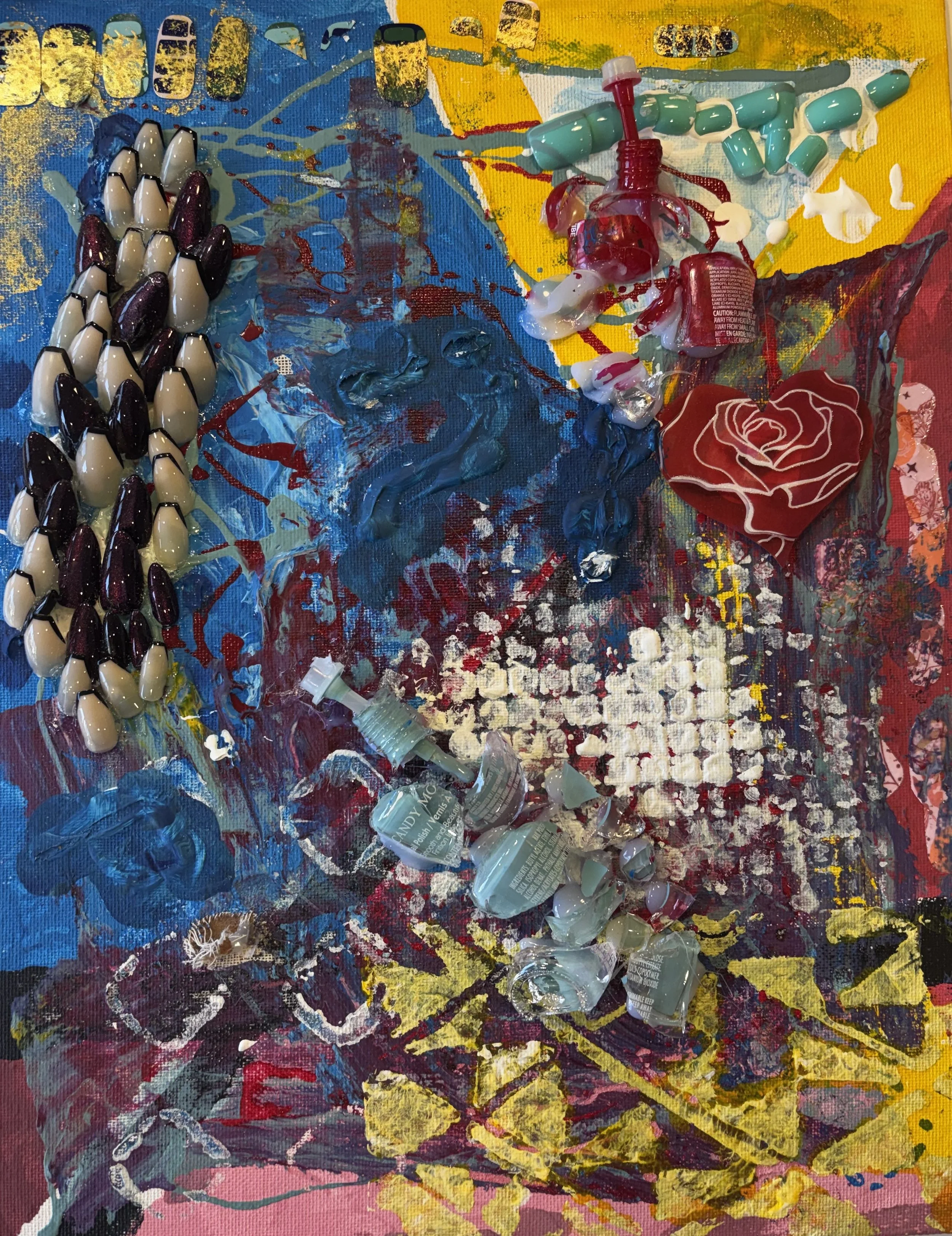 Abstract mixed media art with colorful splashes of paint, beads, and plastic objects on a textured canvas.