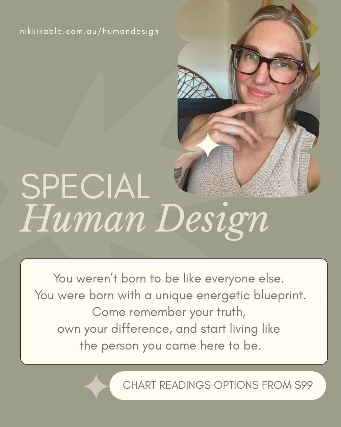 &ldquo;Soul&rsquo;s Blueprint&rdquo; Readings

As I complete my Human Design coaching certification, I&rsquo;m offering a limited number of student readings at a special discounted rate, only $99 for your first reading!

These are perfect for you if: