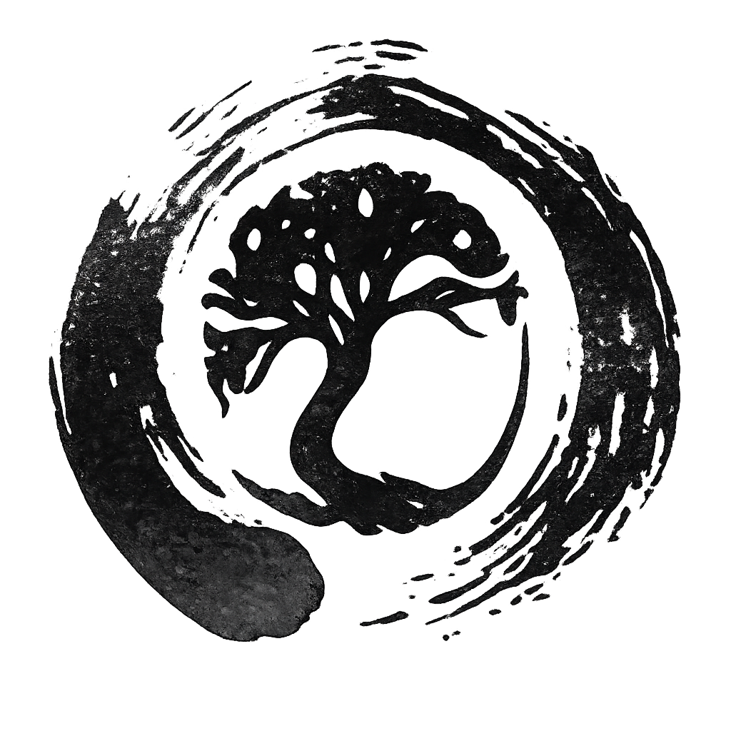 Ink-style tree encircled by a brushstroke circle, symbolizing interconnectedness, continuity, and the gift economy