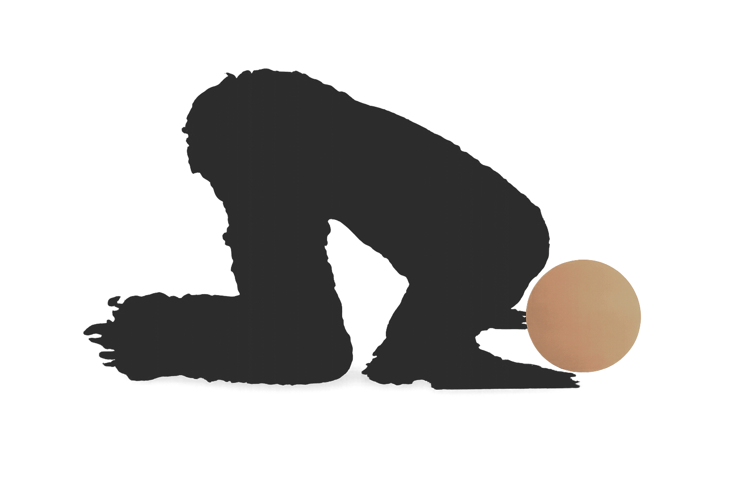Abstract silhouette of a kneeling figure beside a circular form, representing humility, discernment, and attentive presence.
