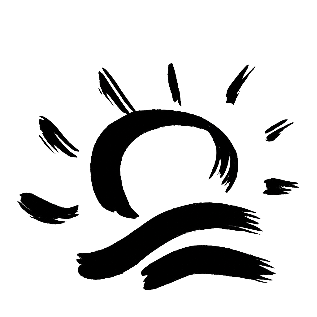 Sumi-style brush illustration of a rising sun above water, symbolizing renewal, continuity, and shared belonging