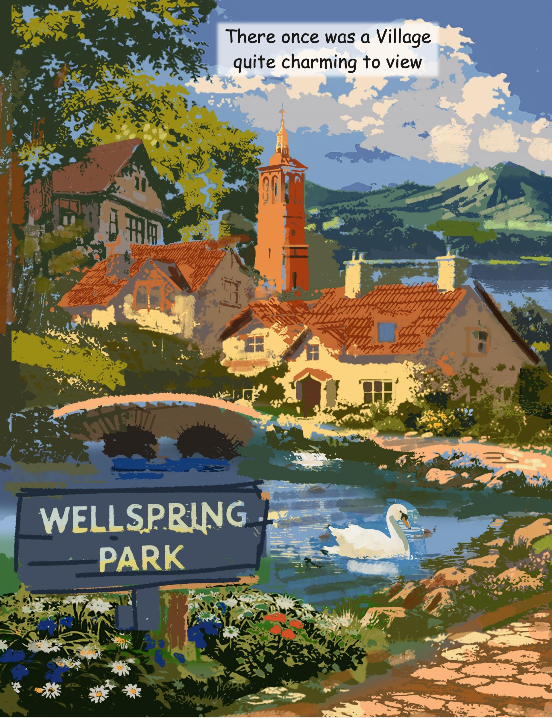 Wellspring Park with house, stream, and swan