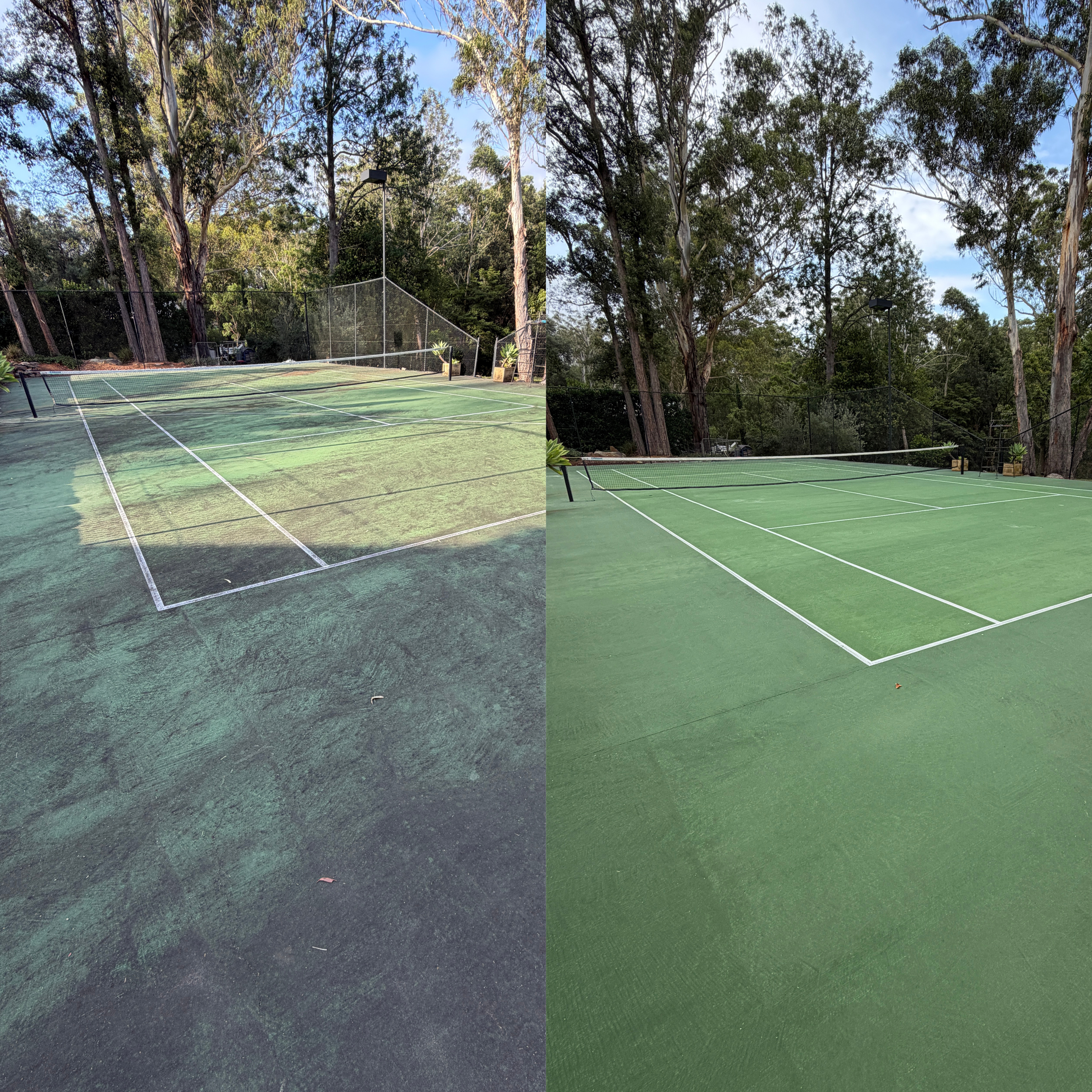 Comparison of two tennis courts, one older and worn with faded surface, the other newer and well-maintained with a fresh green surface, surrounded by trees.