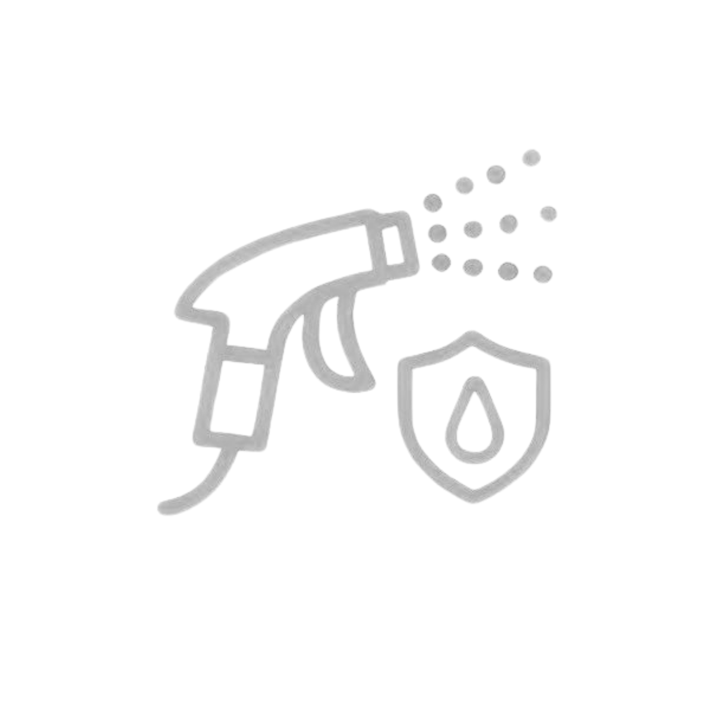 Outline icon of a spray bottle disinfectant spray aimed at a shield with a droplet symbol on it.