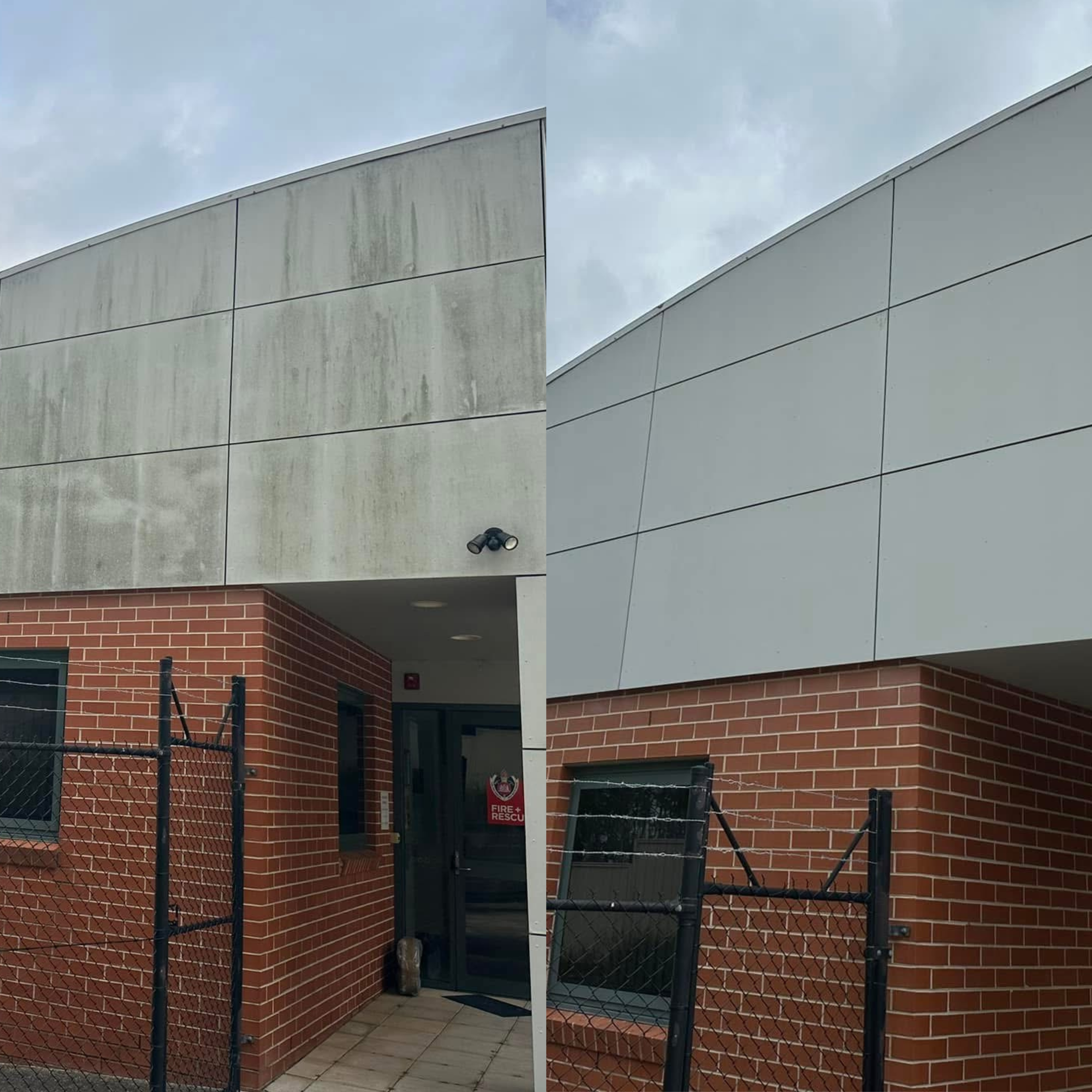 Side-by-side comparison of building exterior showing the before and after of cleaning and renovation. The left side displays a building with a mossy, stained concrete upper section and brick lower section, with a chain-link fence and a door with a fire rescue sign. The right side shows the same building after cleaning, with a cleaner, modern gray concrete upper section and brick lower section, with similar fencing and window.