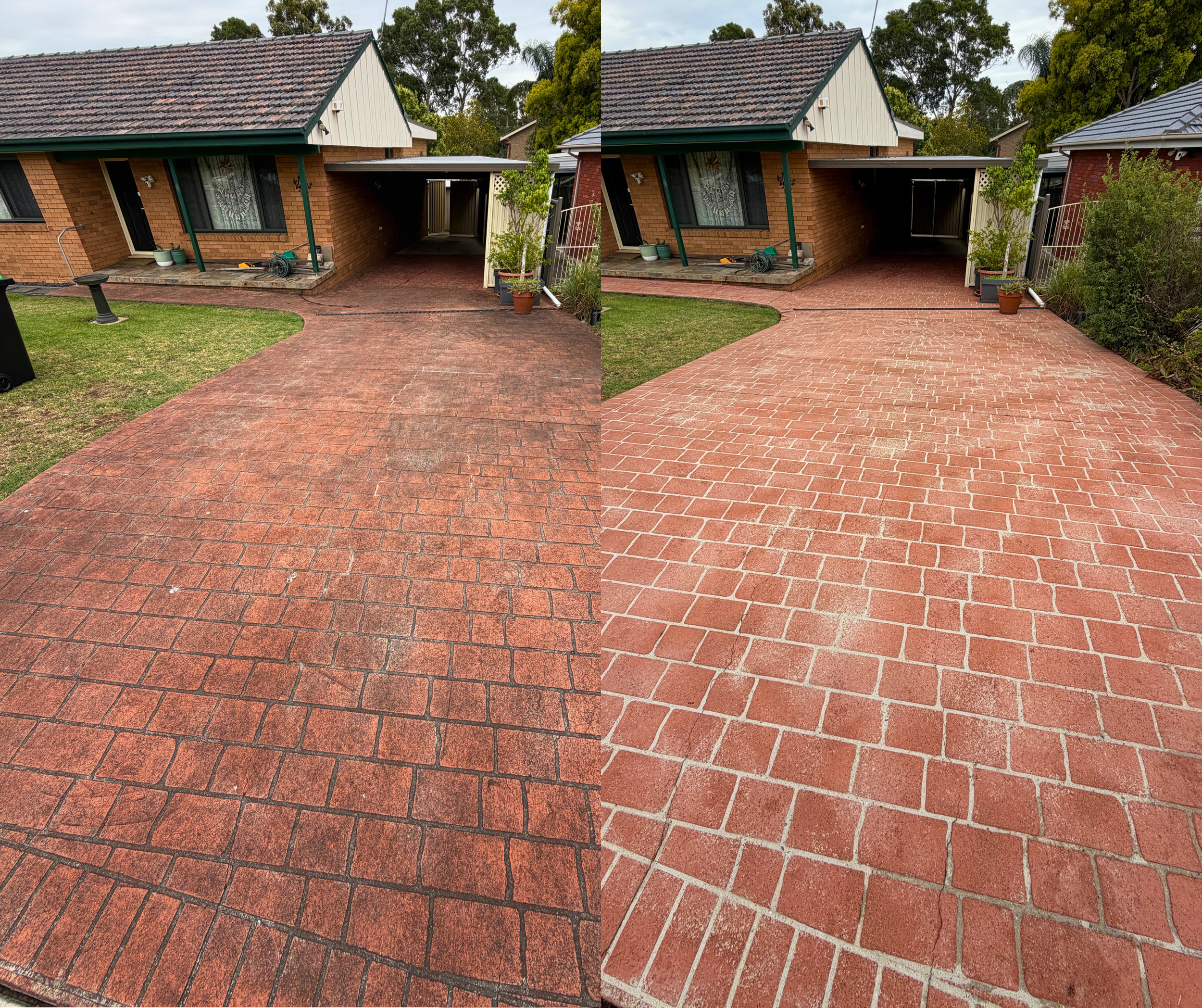 A floor cleaning machine on a brick patio, with the area being cleaned visible at the top, showing a clean, reddish-brick surface contrasting with the dirtier, darker section.