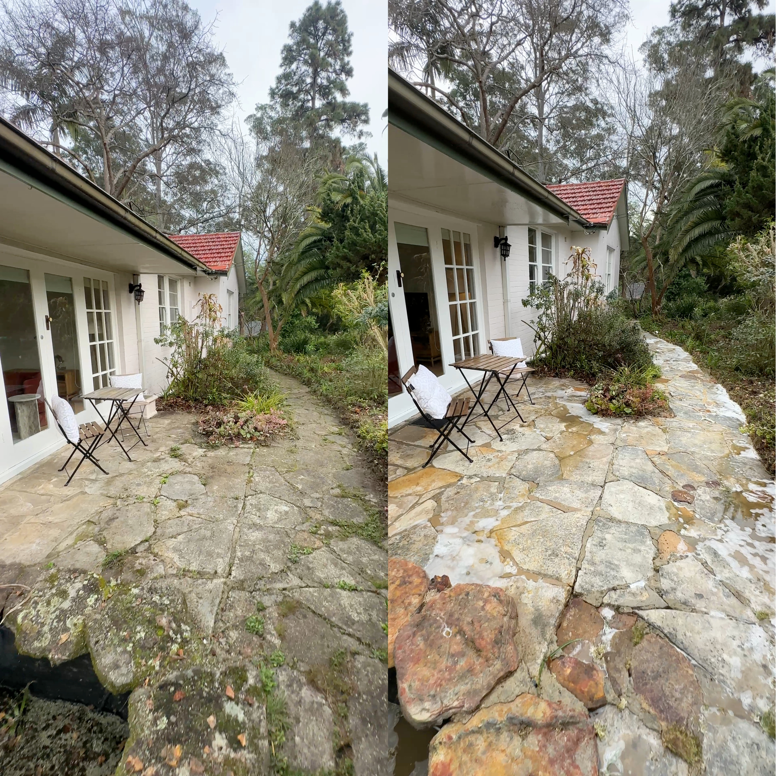 Before and after comparison of a house patio area with stone paving, showing dirt and moss before cleaning on the left and clean, wet stones after cleaning on the right.