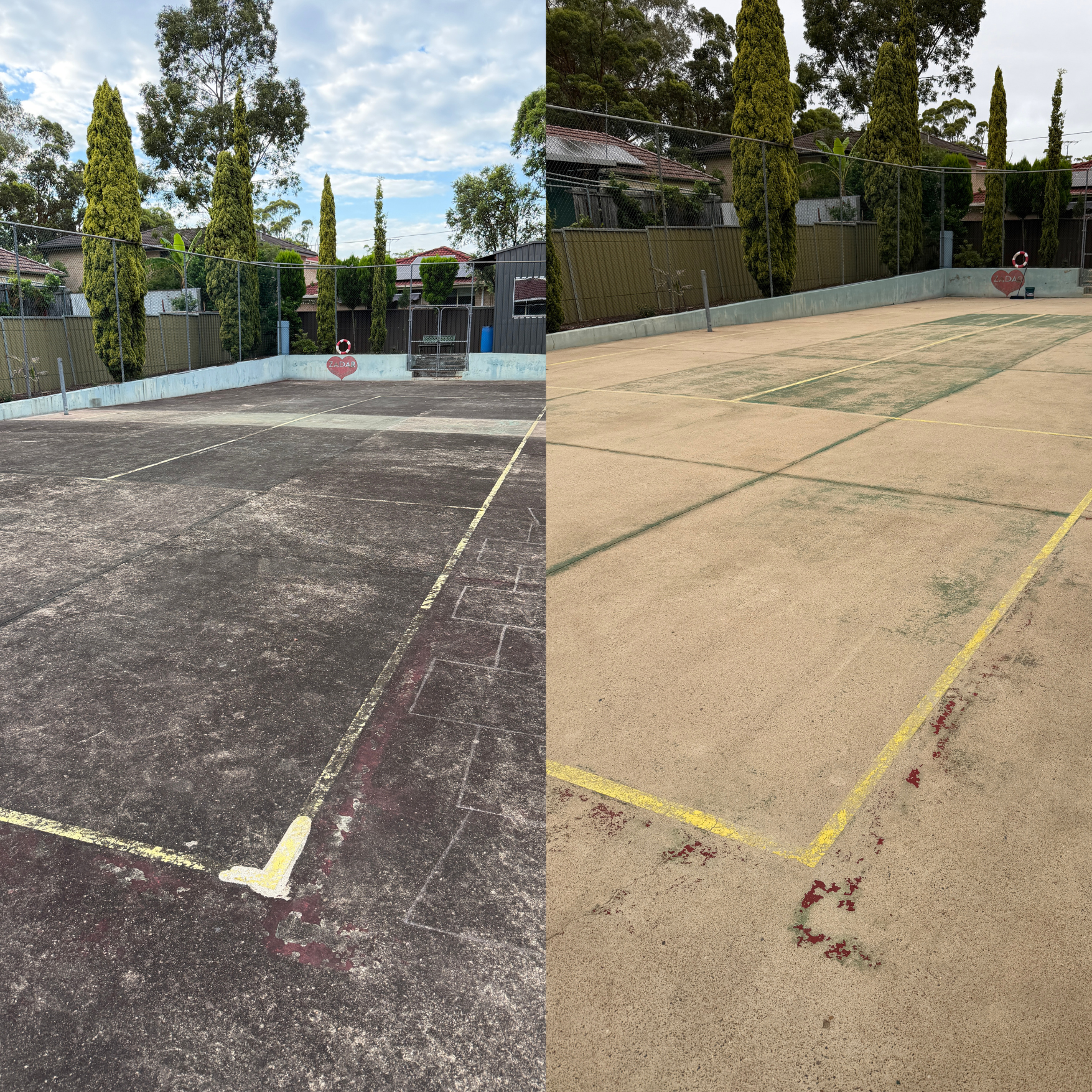 Comparison of two tennis courts, one on the left with a dark, worn surface and one on the right with a light, worn surface, both surrounded by trees and fencing.
